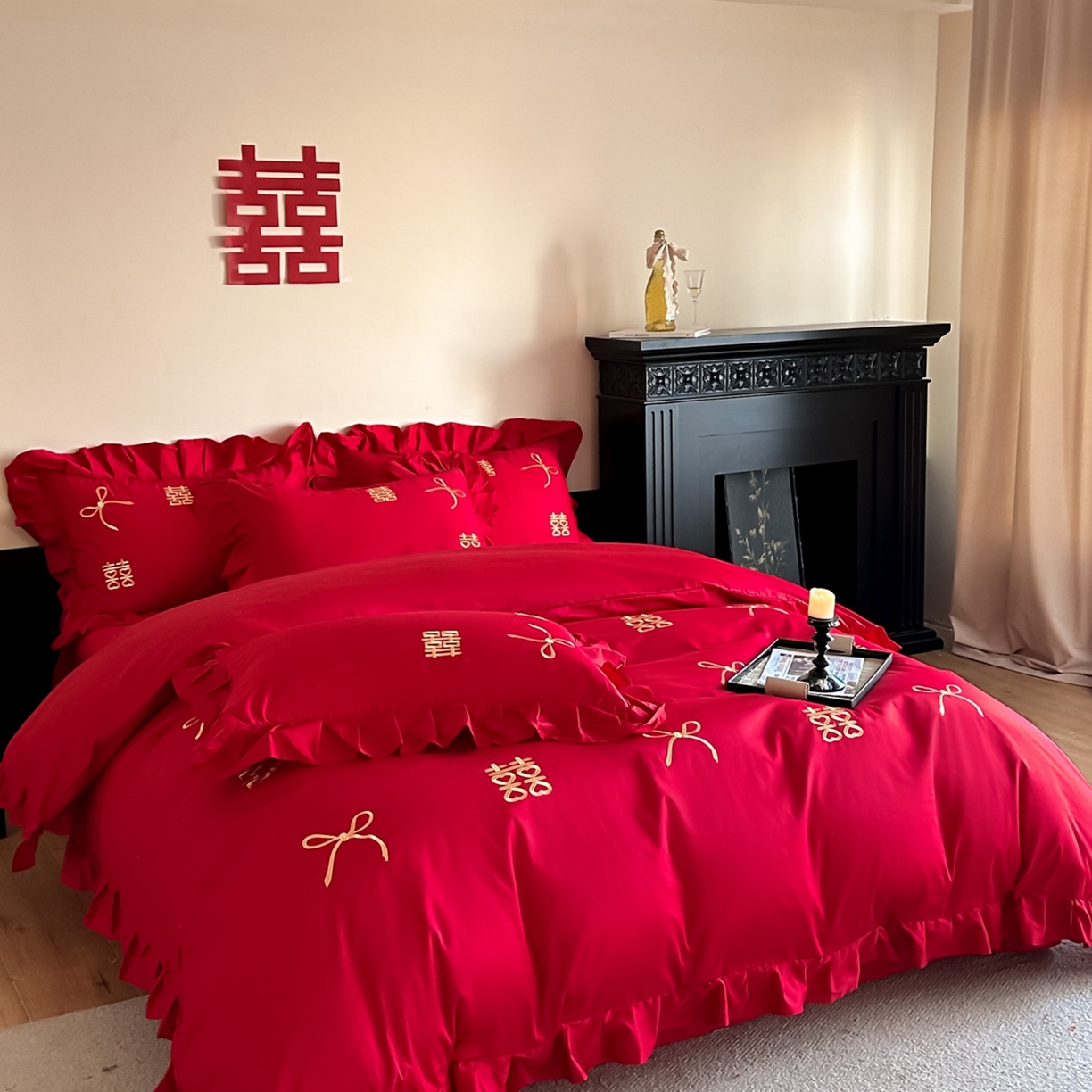 91家纺网 家纺一手货源 找家纺 欧乐蒂 2025新款亲肤棉刺绣花边婚庆四件套-倾城 倾城-金