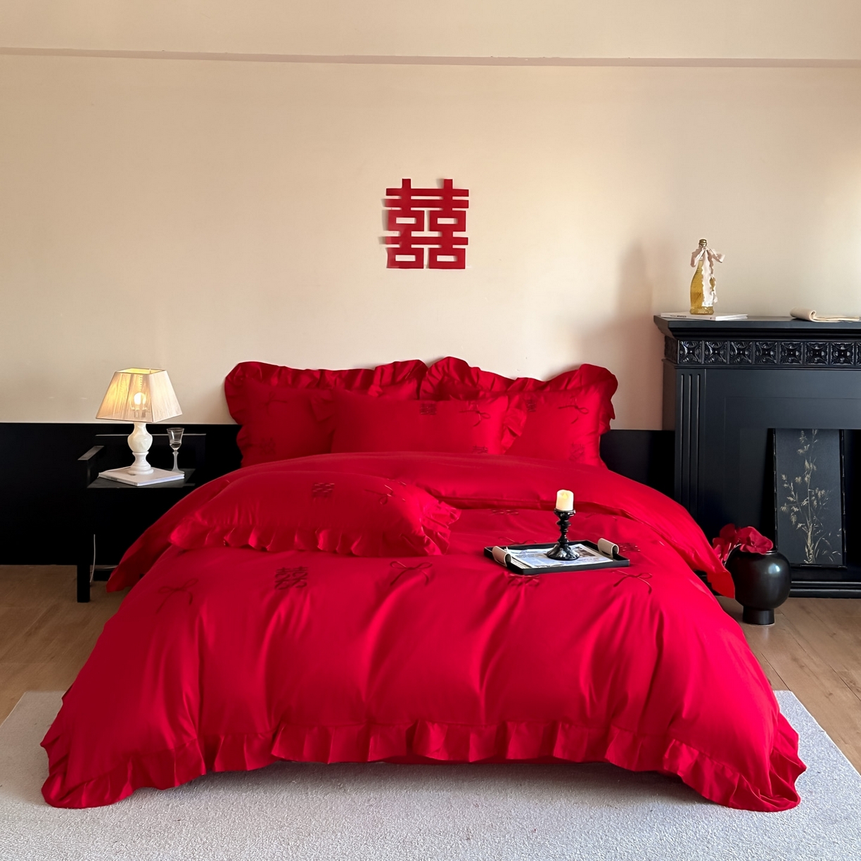 欧乐蒂 2025新款亲肤棉刺绣花边婚庆四件套-倾城 倾城-喜红