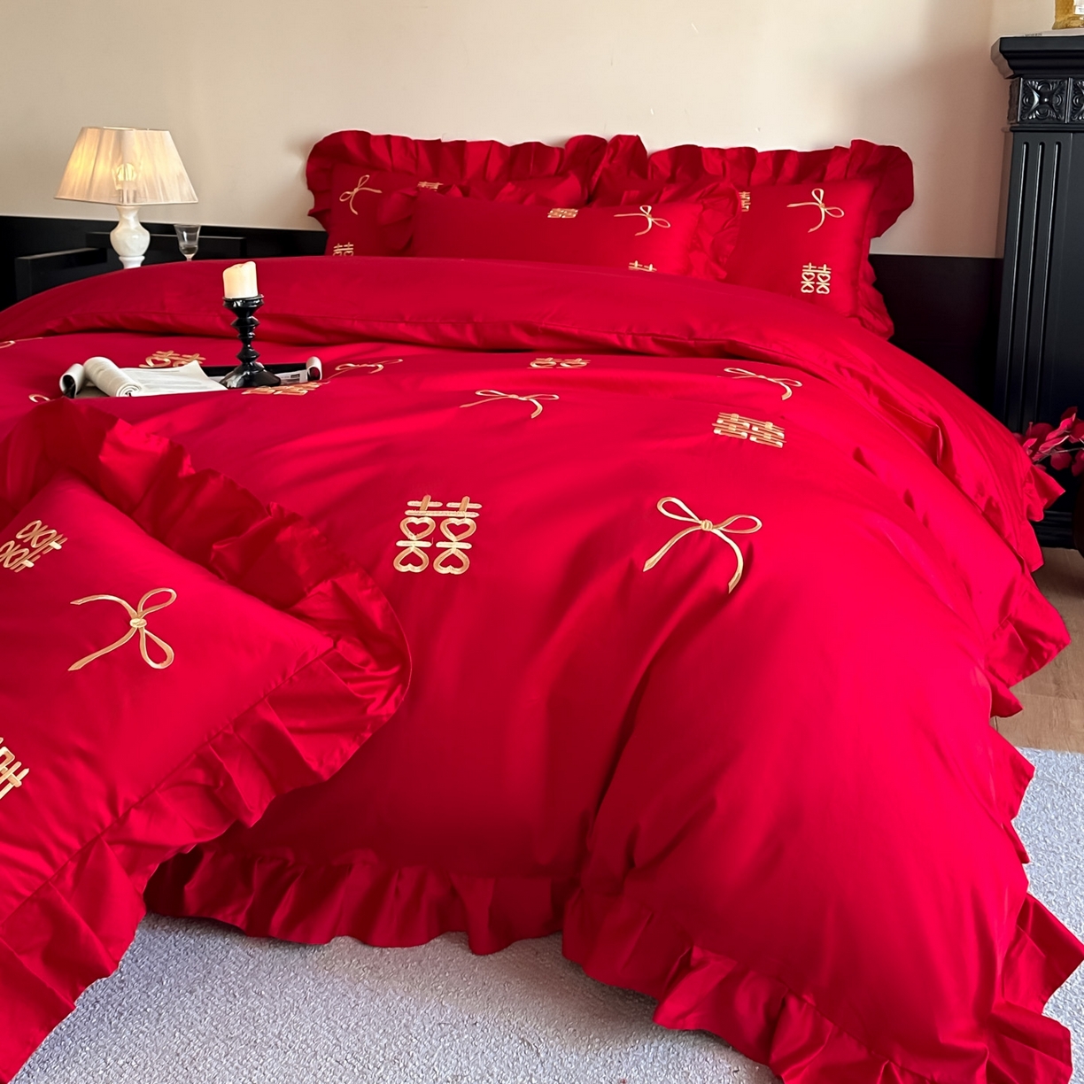 91家纺网 家纺一手货源 找家纺 欧乐蒂 2025新款亲肤棉刺绣花边婚庆四件套-倾城 倾城-金