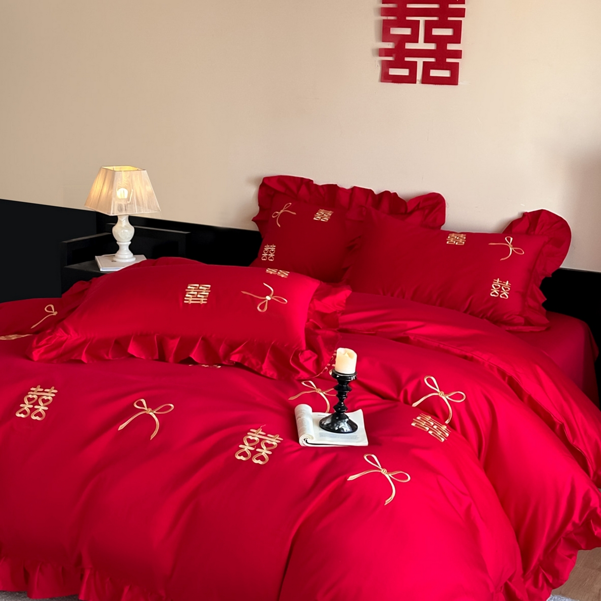 91家纺网 家纺一手货源 找家纺 欧乐蒂 2025新款亲肤棉刺绣花边婚庆四件套-倾城 倾城-金