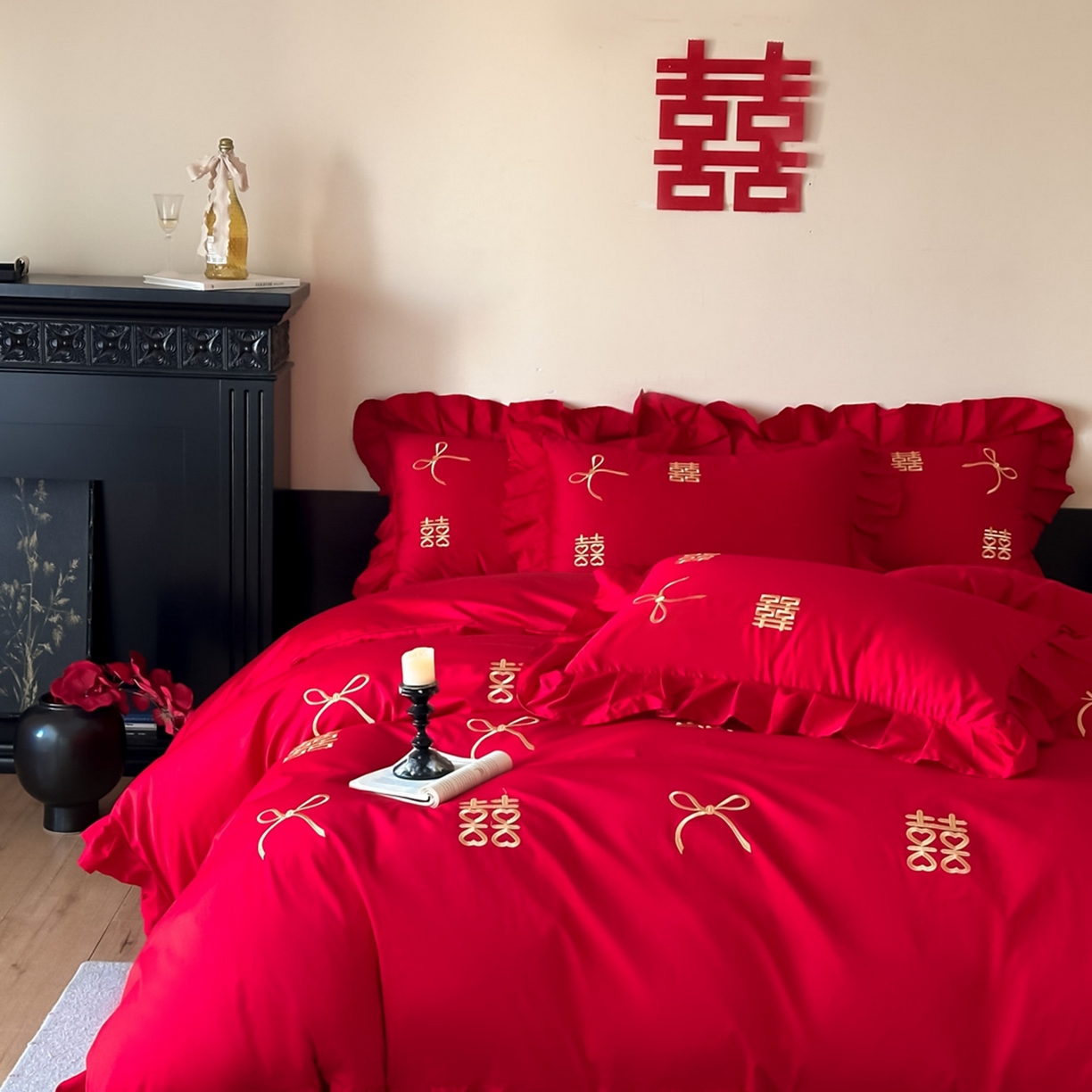 91家纺网 家纺一手货源 找家纺 （总）欧乐蒂 2025新款亲肤棉刺绣花边婚庆四件套-倾城