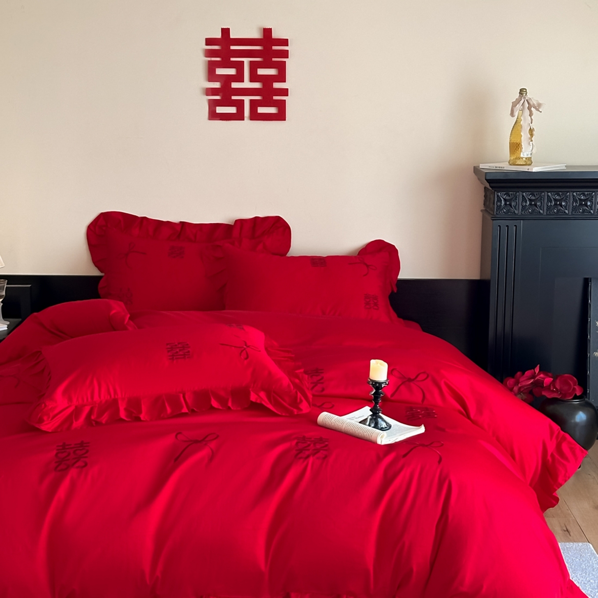 91家纺网 家纺一手货源 找家纺 欧乐蒂 2025新款亲肤棉刺绣花边婚庆四件套-倾城 倾城-喜红