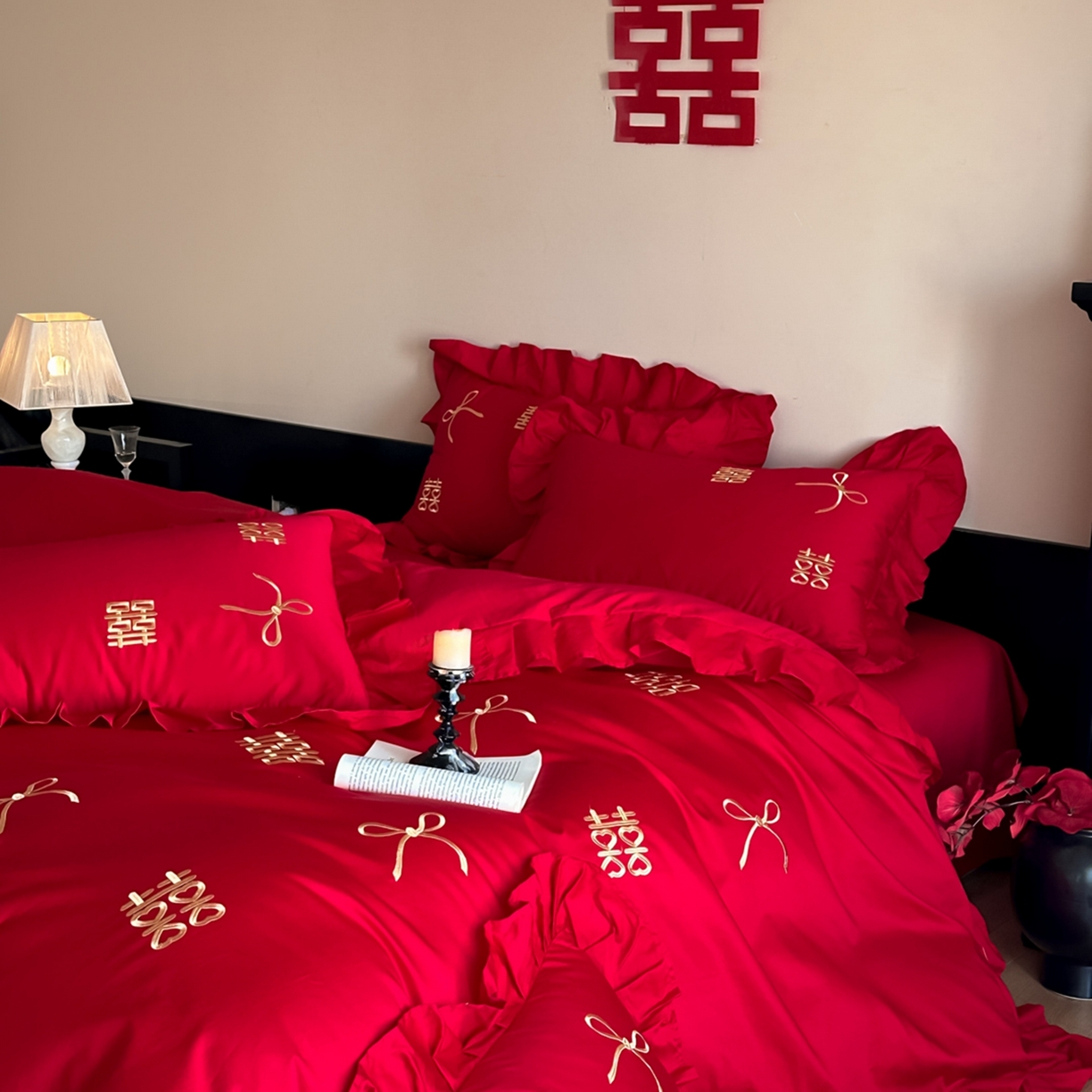 91家纺网 家纺一手货源 找家纺 欧乐蒂 2025新款亲肤棉刺绣花边婚庆四件套-倾城 倾城-金