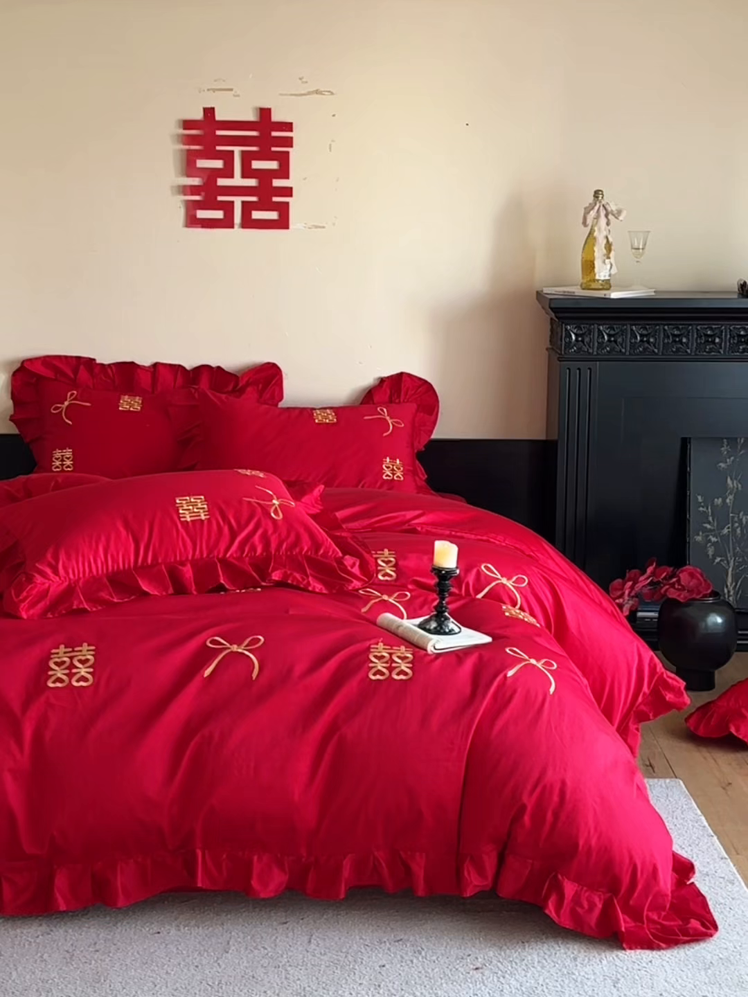 91家纺网 家纺一手货源 找家纺 欧乐蒂 2025新款亲肤棉刺绣花边婚庆四件套-倾城 倾城-金