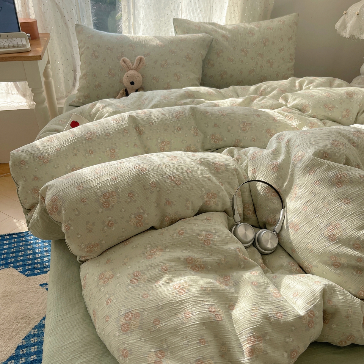 91家纺网 家纺一手货源 找家纺 澜妃 2025新款甄选三层纱印花四件套系列 玫瑰夜-绿