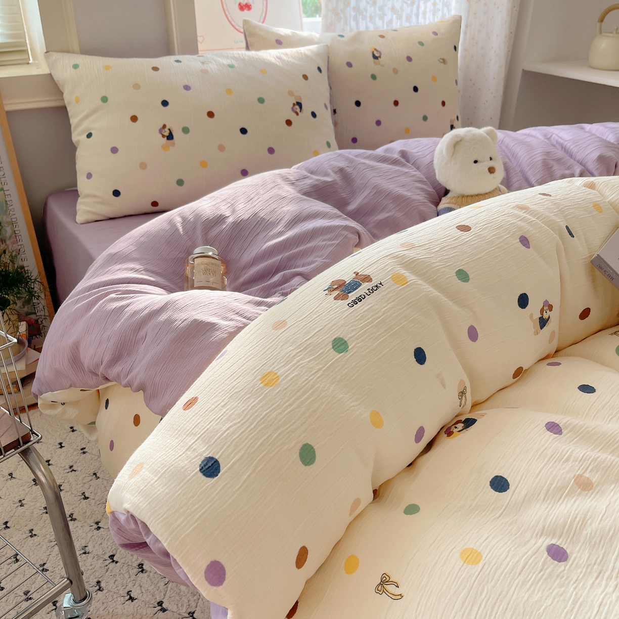 91家纺网 家纺一手货源 找家纺 澜妃 2025新款甄选三层纱印花四件套系列 糖豆腊肠狗