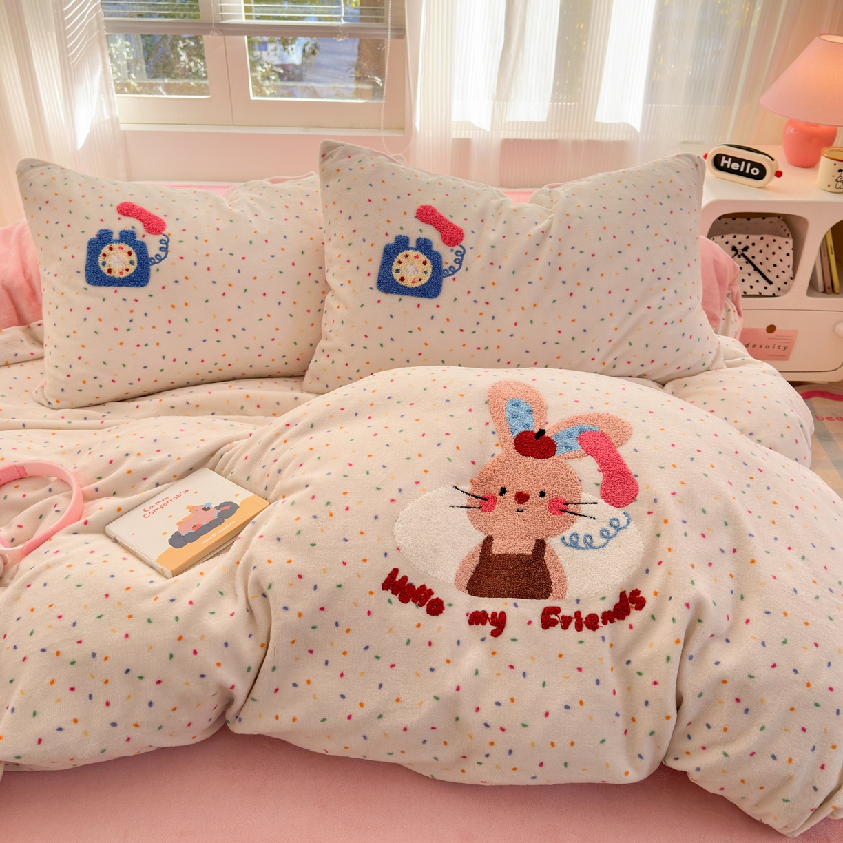 91家纺网 家纺一手货源 找家纺 寐居 2025新款大阪纯色毛巾绣牛奶绒四件套 萌兔有约