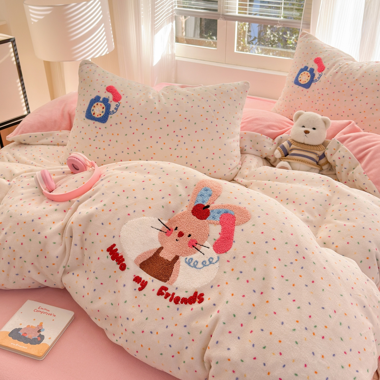 91家纺网 家纺一手货源 找家纺 寐居 2025新款大阪纯色毛巾绣牛奶绒四件套 萌兔有约