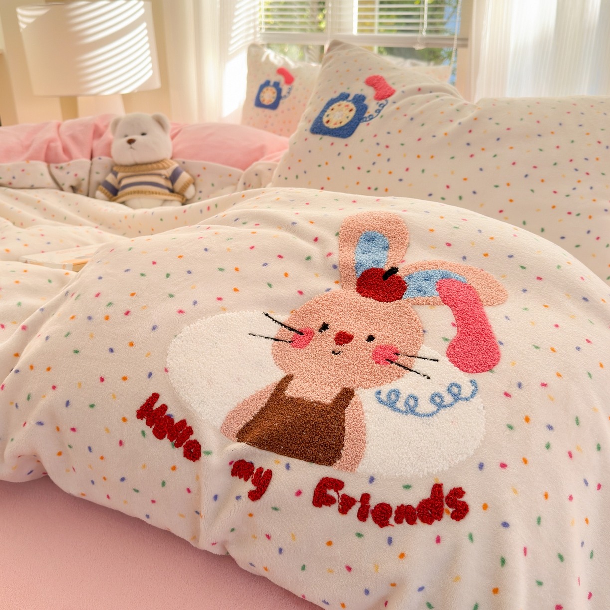 91家纺网 家纺一手货源 找家纺 寐居 2025新款大阪纯色毛巾绣牛奶绒四件套 萌兔有约