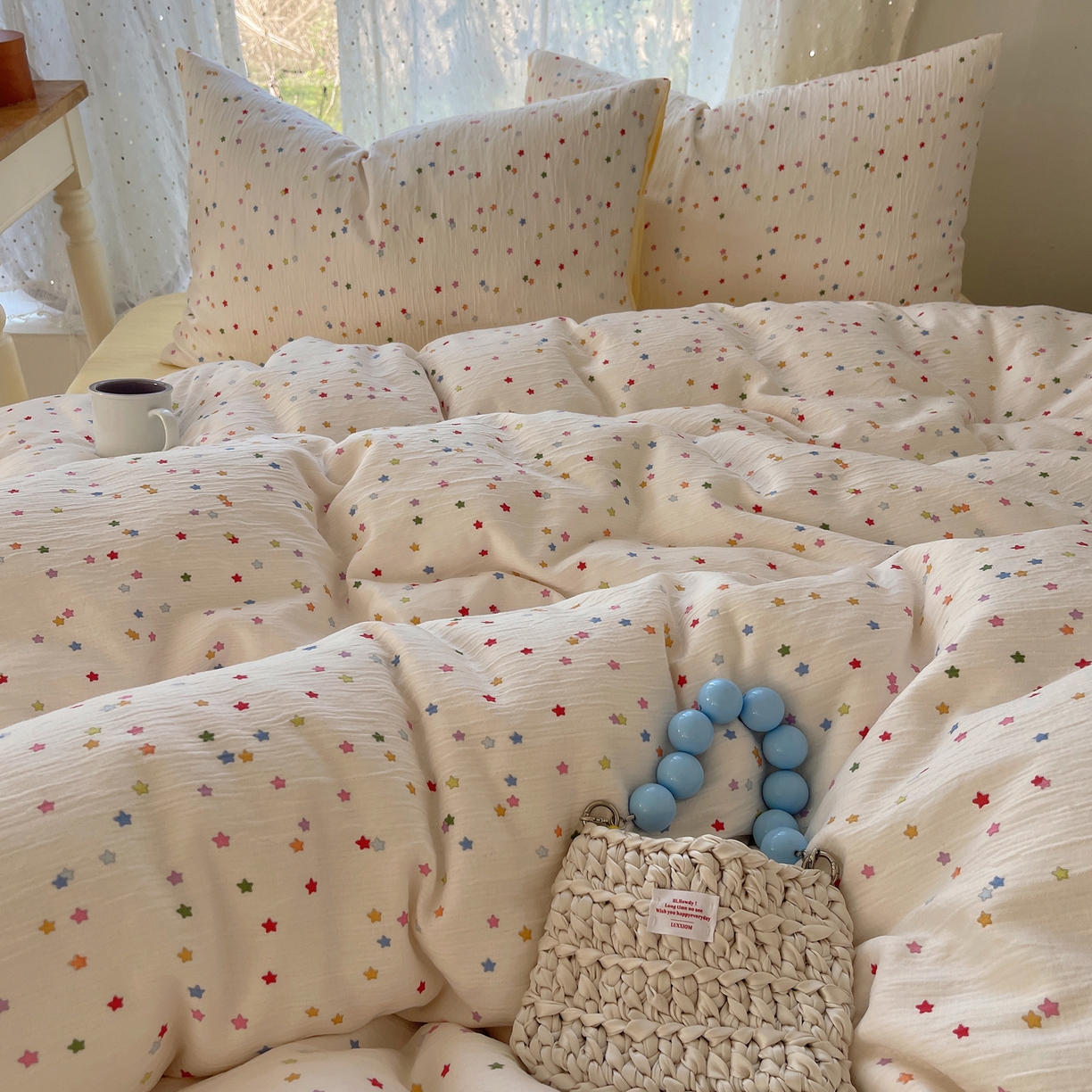 91家纺网 家纺一手货源 找家纺 澜妃 2025新款甄选三层纱印花四件套系列 幸运星