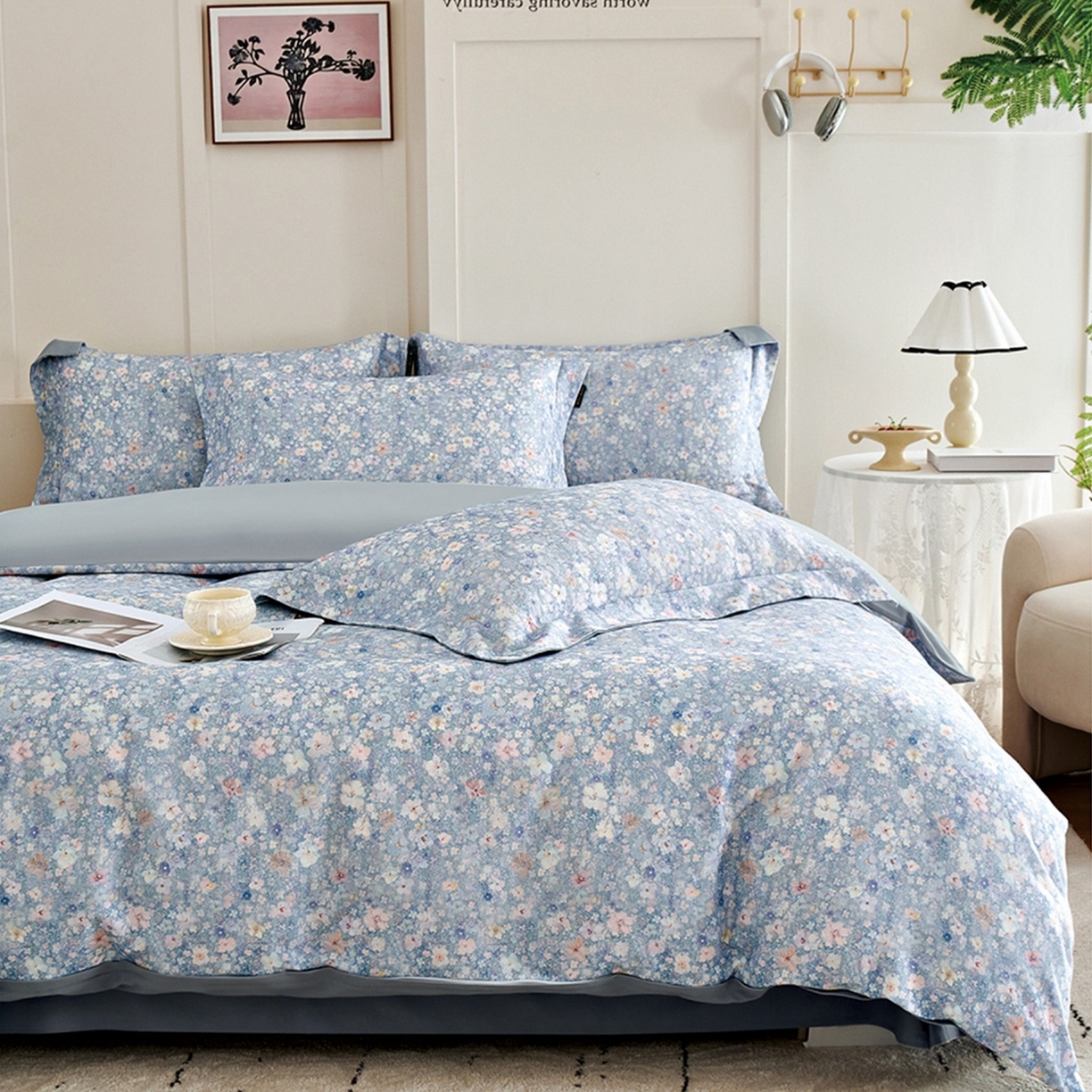 91家纺网 家纺一手货源 找家纺 芙绣家纺 2025新款全棉纯棉磨毛内合简单款四件套 风铃-蓝