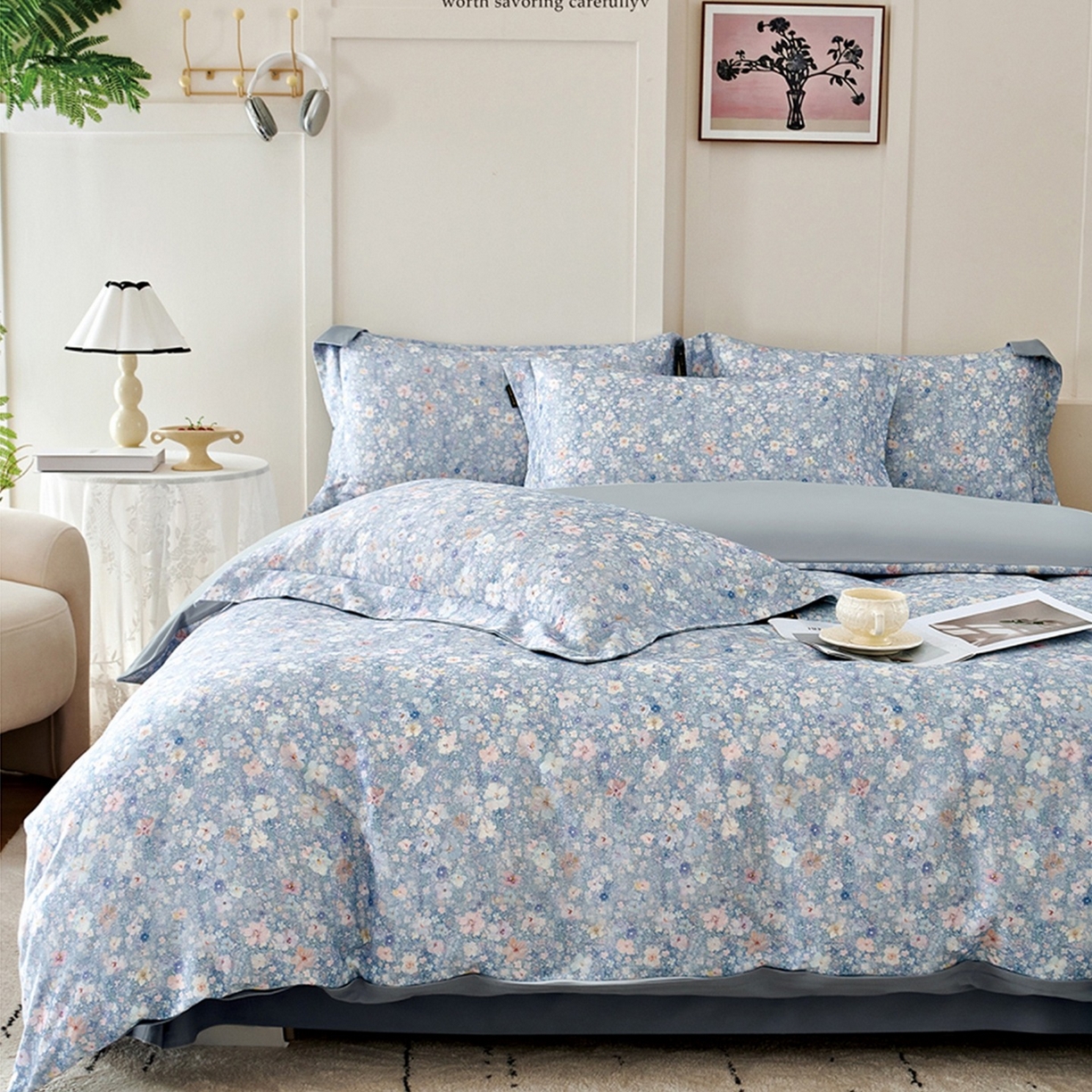 91家纺网 家纺一手货源 找家纺 芙绣家纺 2025新款全棉纯棉磨毛内合简单款四件套 风铃-蓝