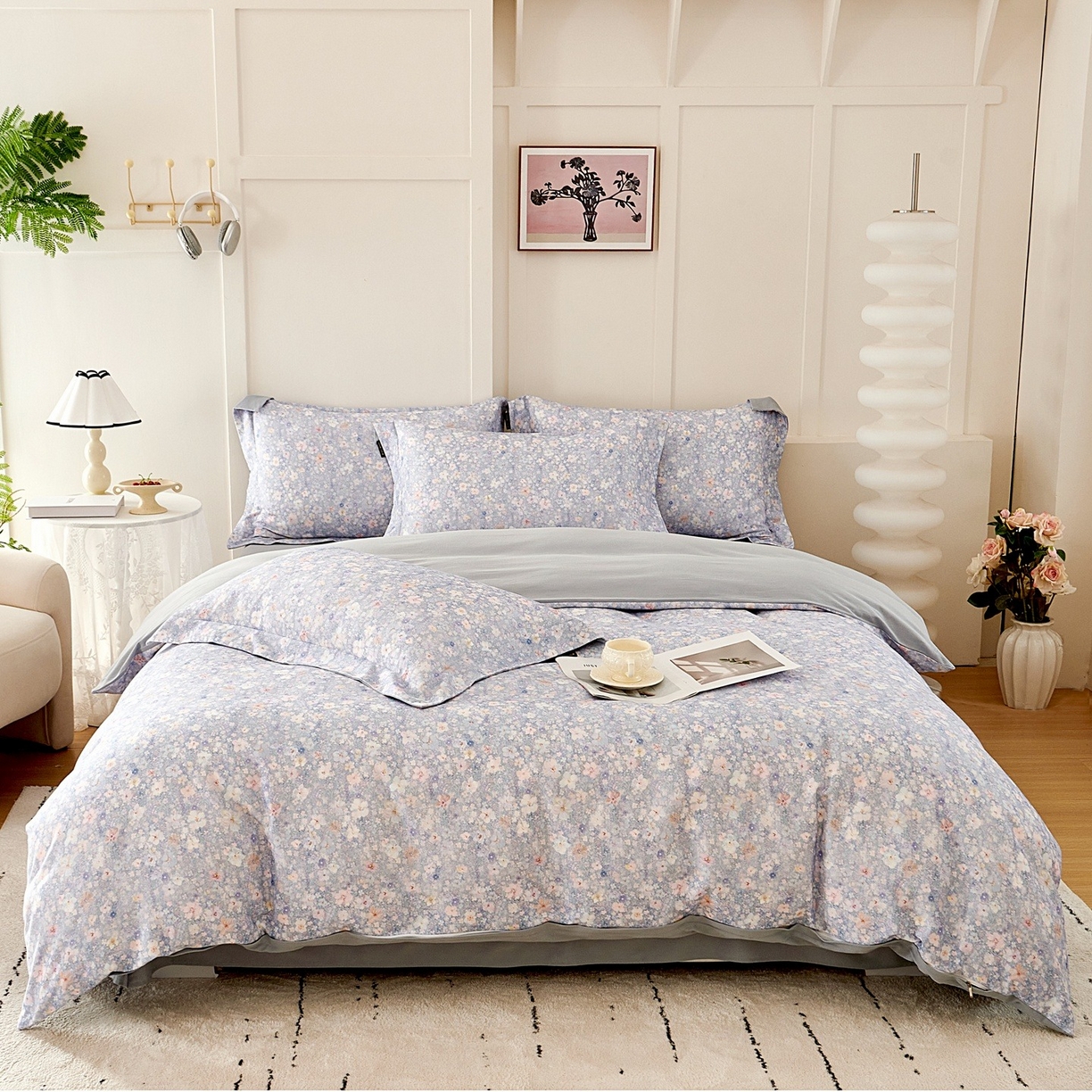 91家纺网 家纺一手货源 找家纺 芙绣家纺 2025新款全棉纯棉磨毛内合简单款四件套 风铃-蓝