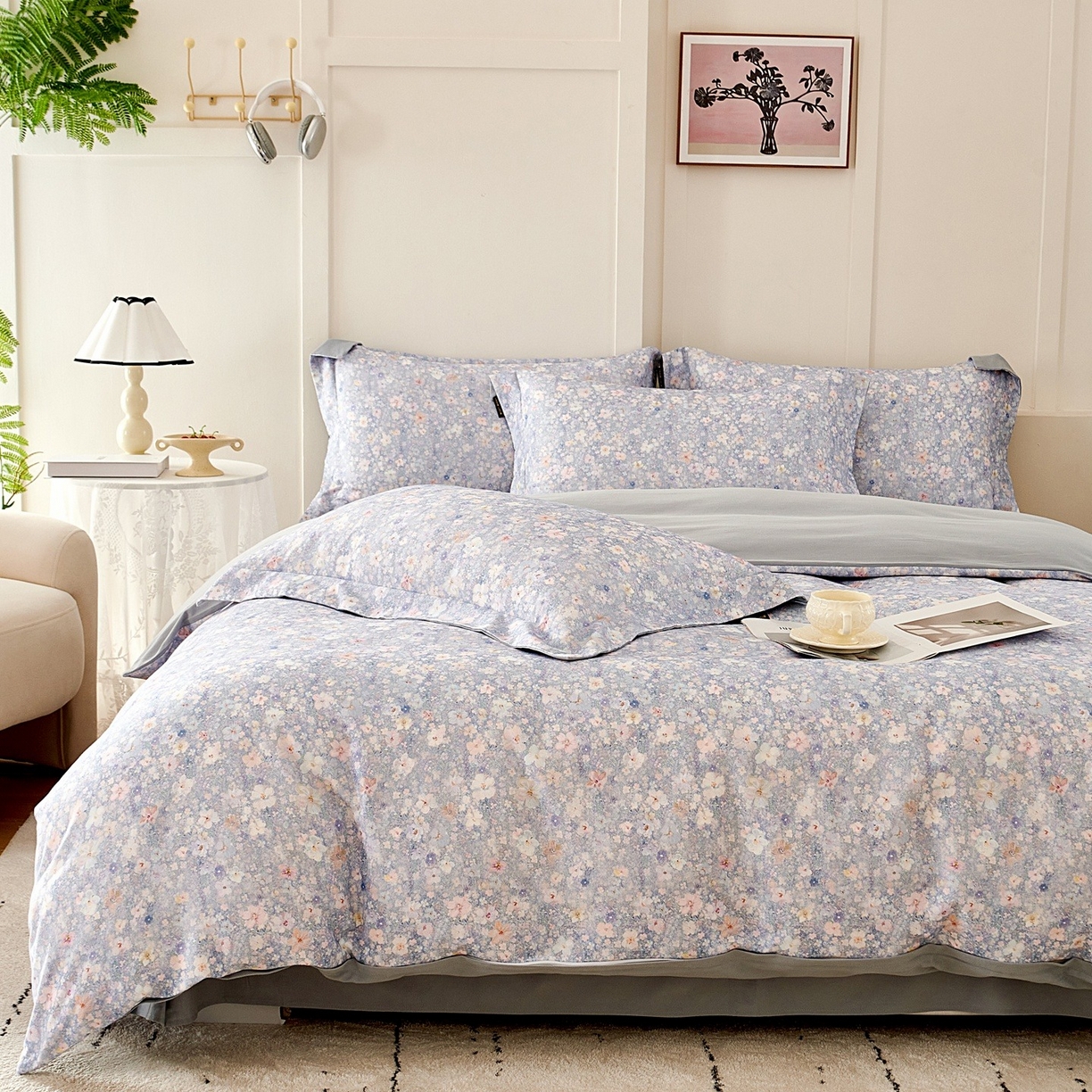 91家纺网 家纺一手货源 找家纺 芙绣家纺 2025新款全棉纯棉磨毛内合简单款四件套 风铃-蓝