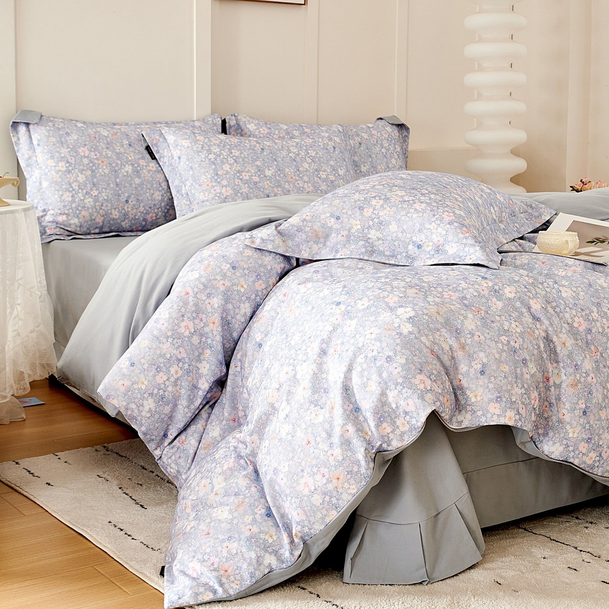 91家纺网 家纺一手货源 找家纺 芙绣家纺 2025新款全棉纯棉磨毛内合简单款四件套 风铃-蓝