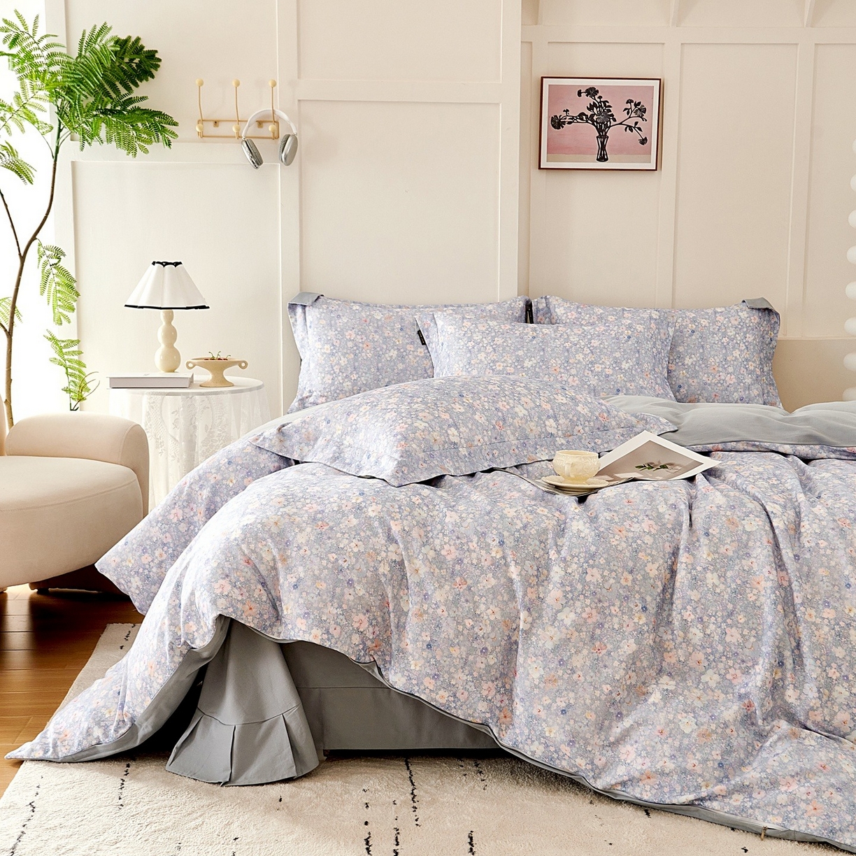 91家纺网 家纺一手货源 找家纺 芙绣家纺 2025新款全棉纯棉磨毛内合简单款四件套 风铃-蓝