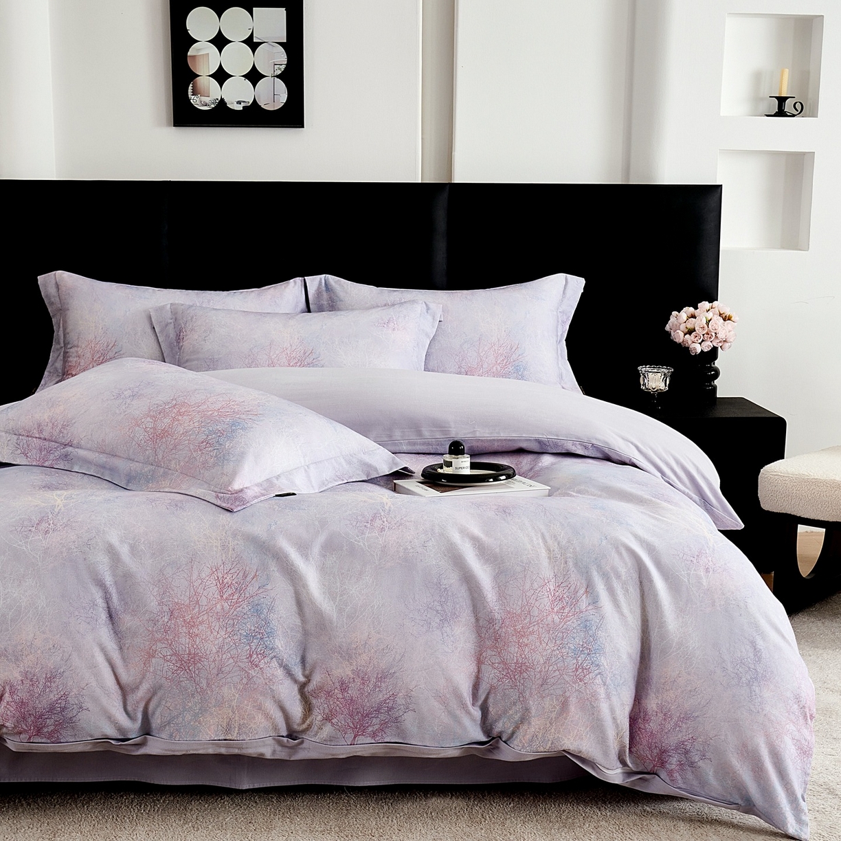 芙绣家纺 2025新款全棉纯棉磨毛内合简单款四件套 墨花茶-灰