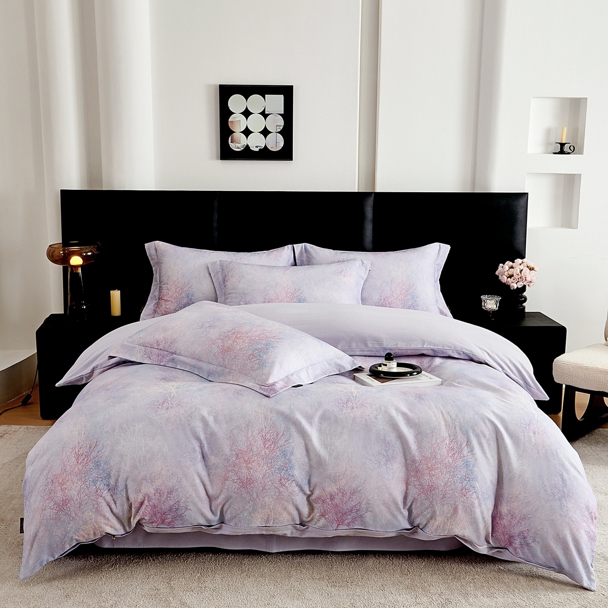 91家纺网 家纺一手货源 找家纺 芙绣家纺 2025新款全棉纯棉磨毛内合简单款四件套 墨花茶-灰