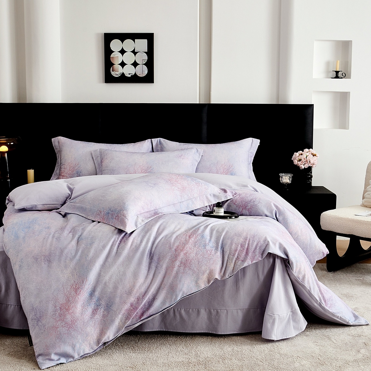 91家纺网 家纺一手货源 找家纺 芙绣家纺 2025新款全棉纯棉磨毛内合简单款四件套 墨花茶-灰