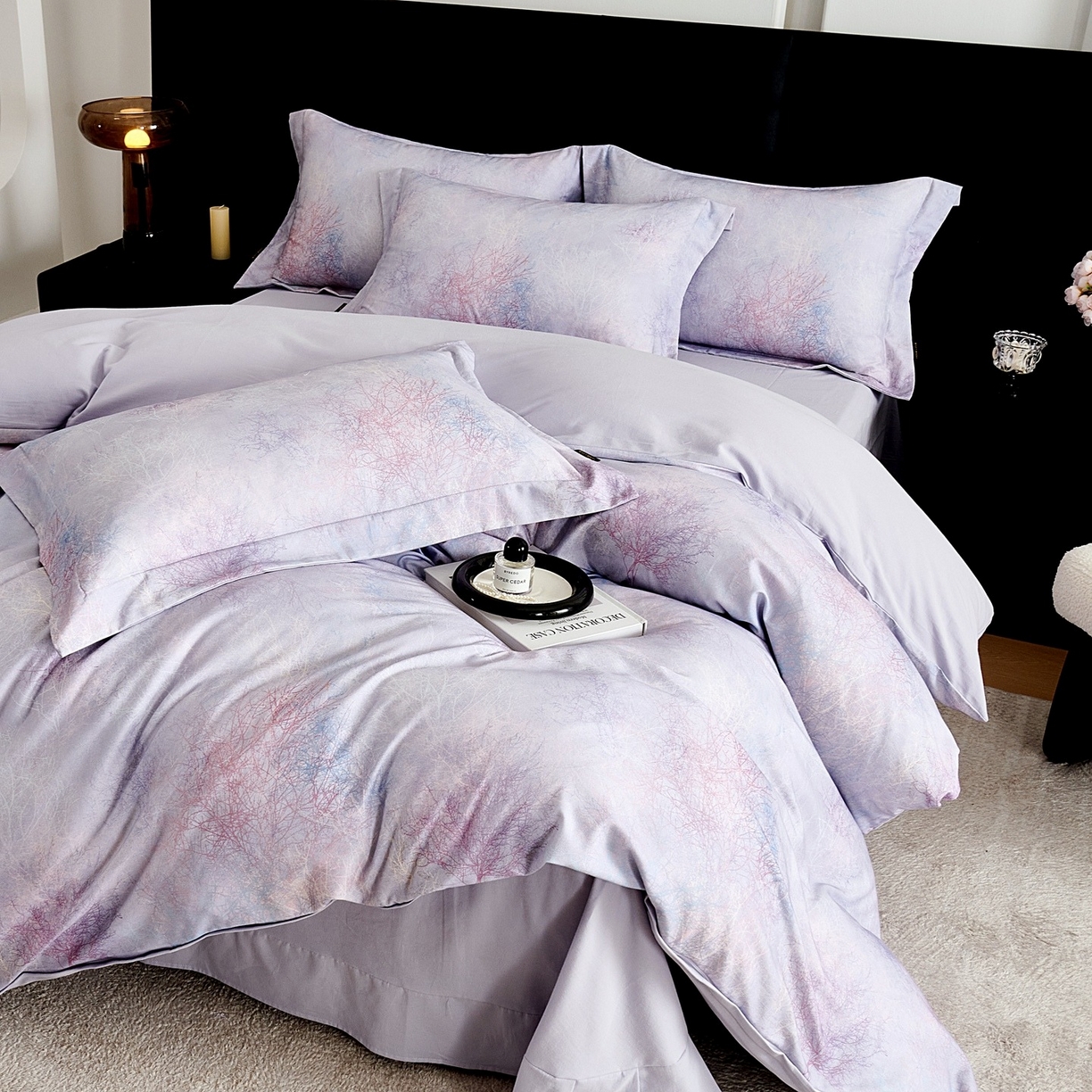 91家纺网 家纺一手货源 找家纺 芙绣家纺 2025新款全棉纯棉磨毛内合简单款四件套 墨花茶-灰