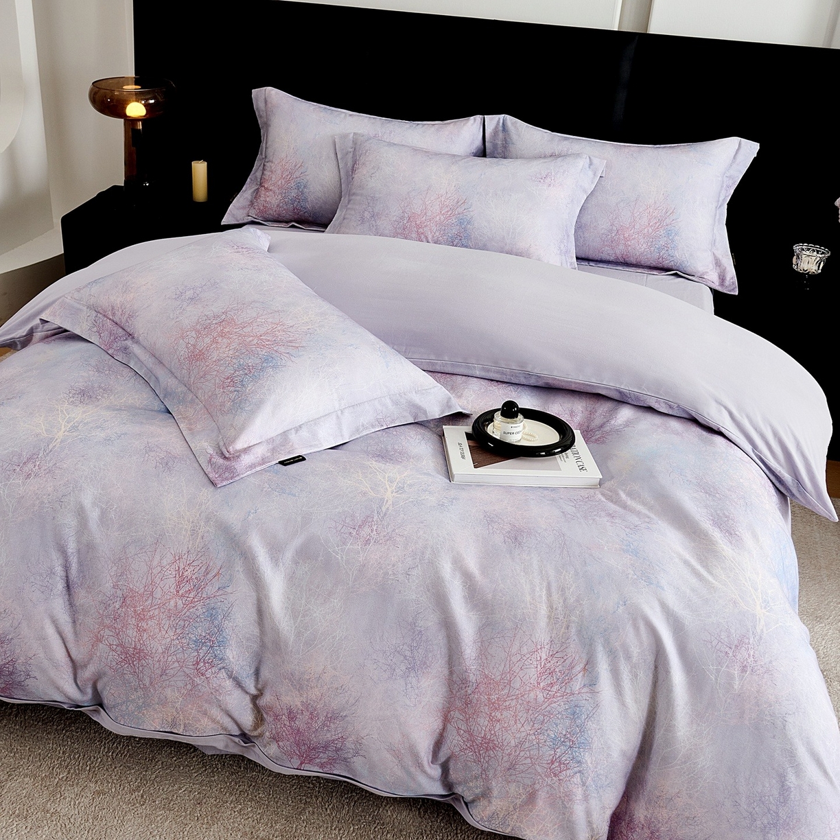 91家纺网 家纺一手货源 找家纺 芙绣家纺 2025新款全棉纯棉磨毛内合简单款四件套 墨花茶-灰