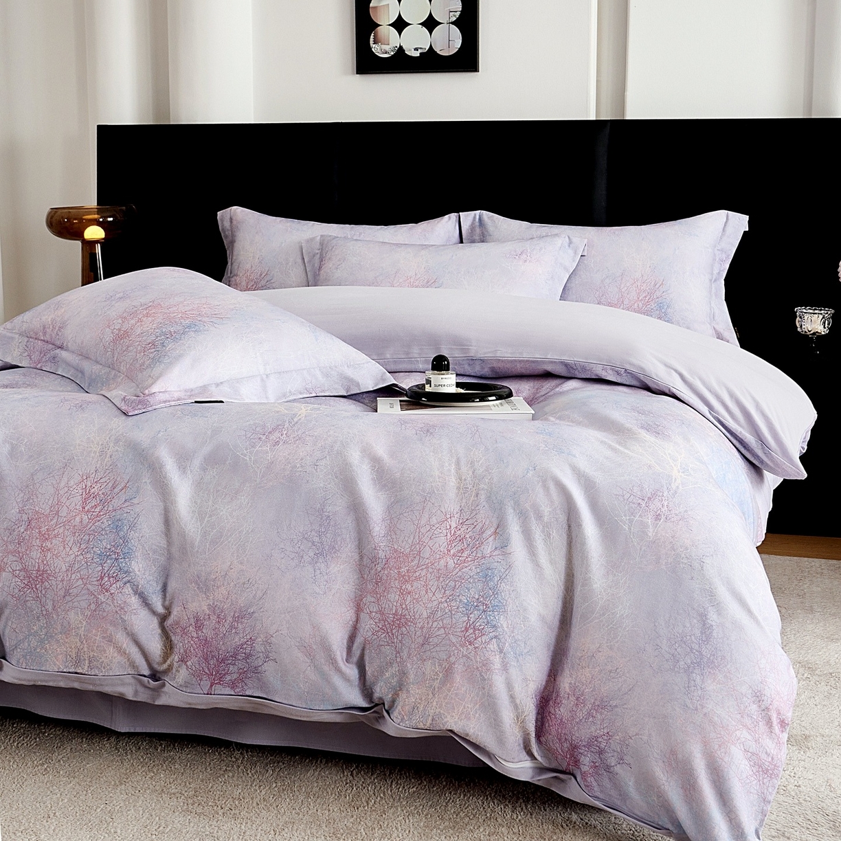 91家纺网 家纺一手货源 找家纺 芙绣家纺 2025新款全棉纯棉磨毛内合简单款四件套 墨花茶-灰