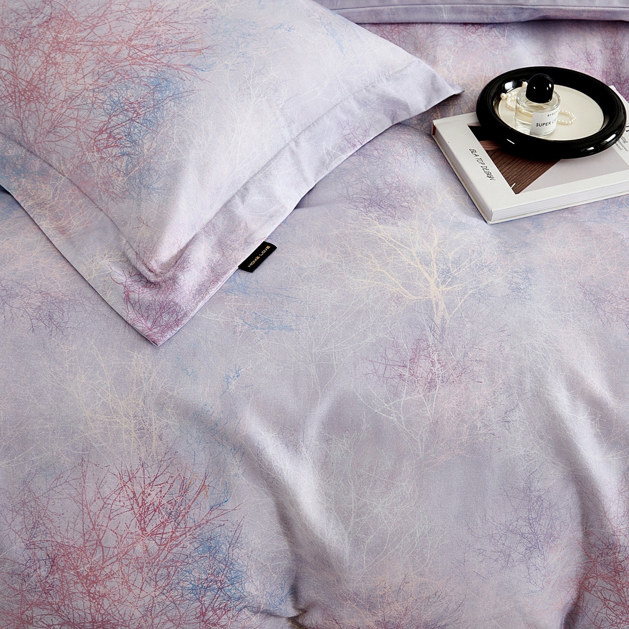 91家纺网 家纺一手货源 找家纺 芙绣家纺 2025新款全棉纯棉磨毛内合简单款四件套 墨花茶-灰