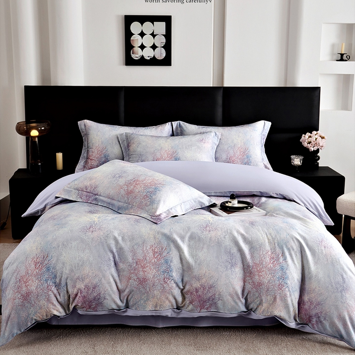 91家纺网 家纺一手货源 找家纺 芙绣家纺 2025新款全棉纯棉磨毛内合简单款四件套 墨花茶-灰