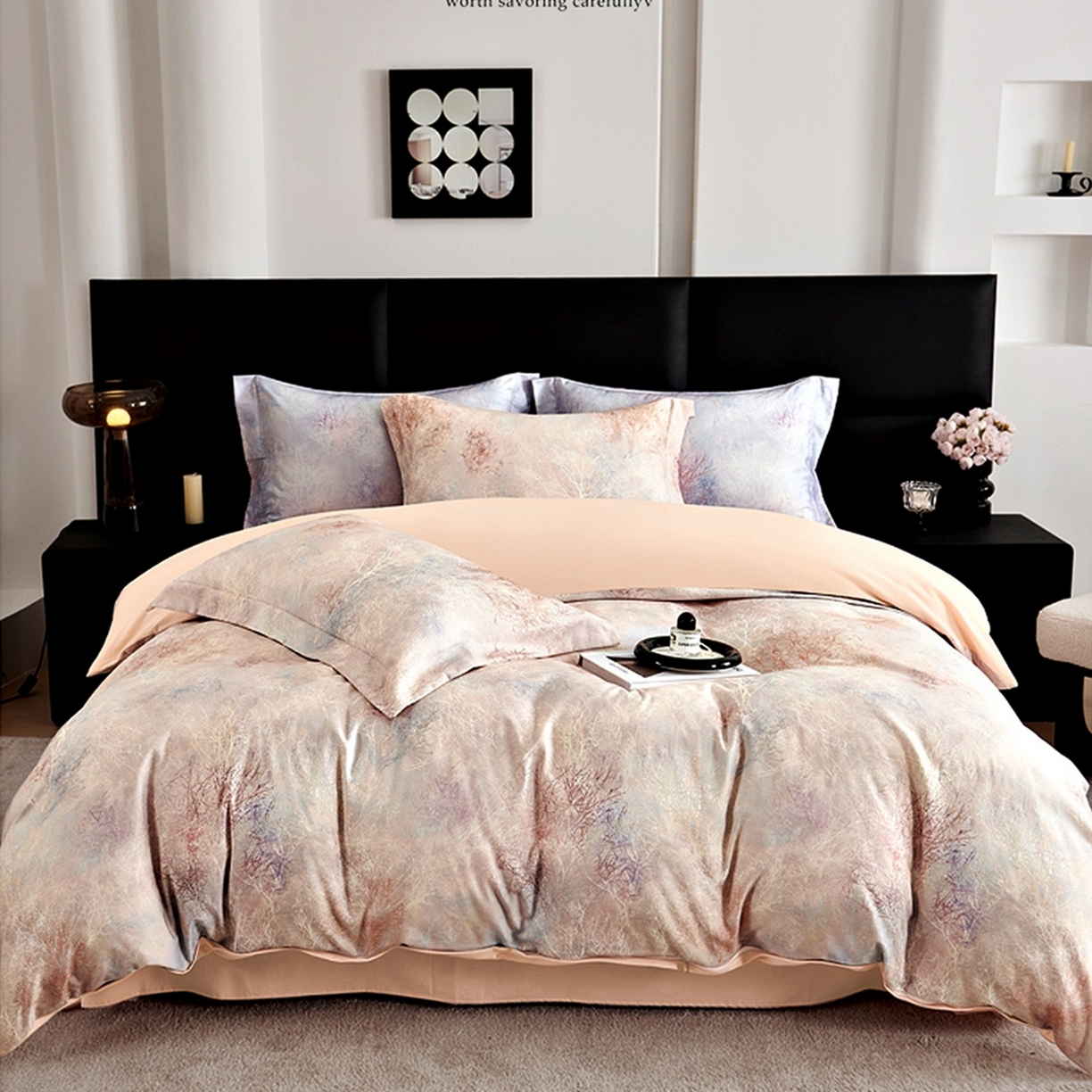 91家纺网 家纺一手货源 找家纺 芙绣家纺 2025新款全棉纯棉磨毛内合简单款四件套 墨花茶-桔