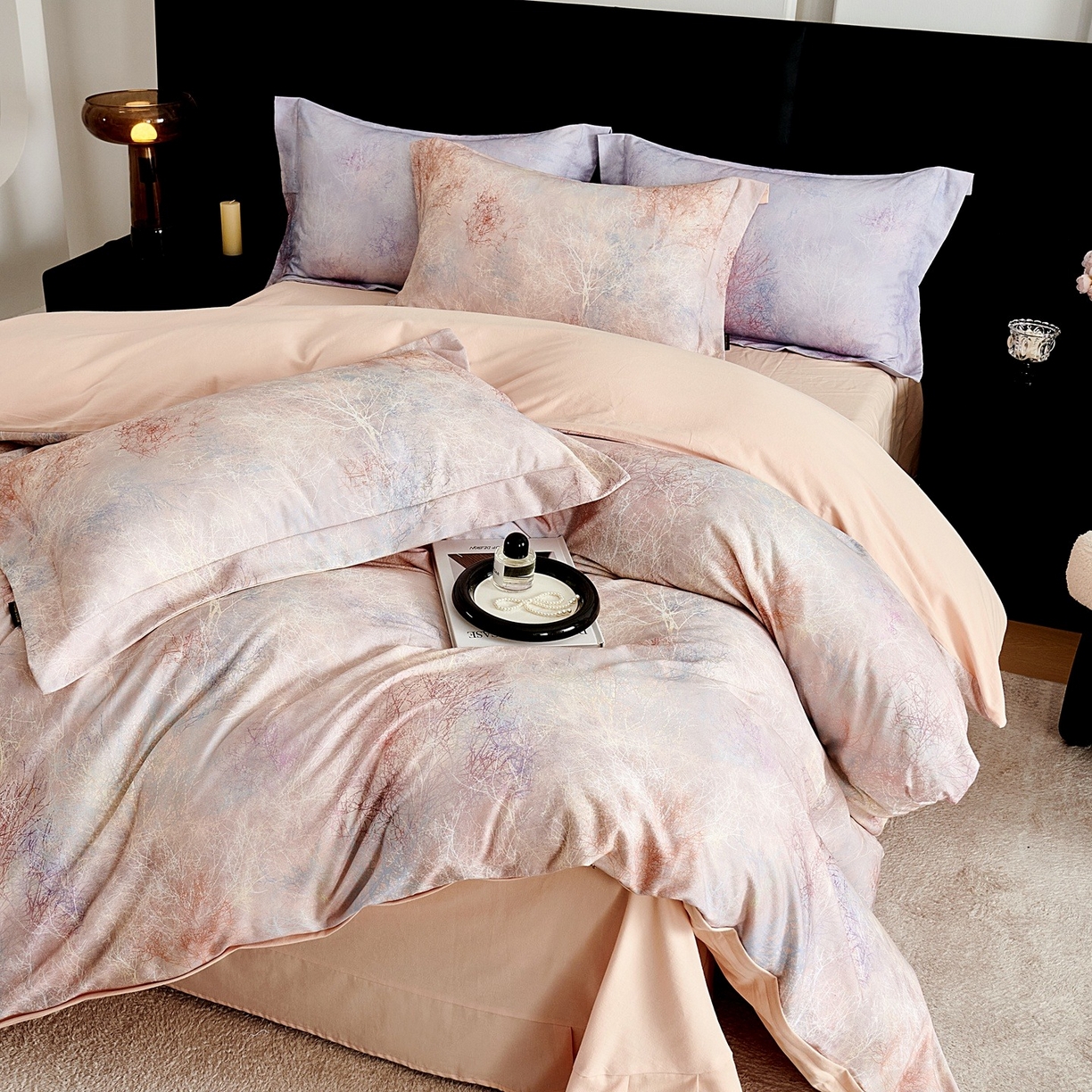 91家纺网 家纺一手货源 找家纺 芙绣家纺 2025新款全棉纯棉磨毛内合简单款四件套 墨花茶-桔