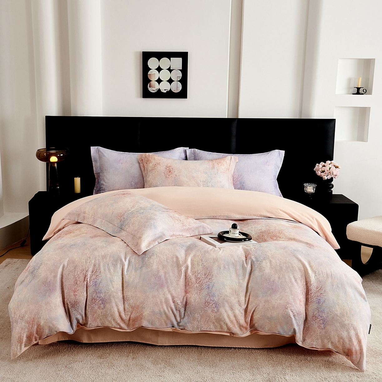 91家纺网 家纺一手货源 找家纺 芙绣家纺 2025新款全棉纯棉磨毛内合简单款四件套 墨花茶-桔