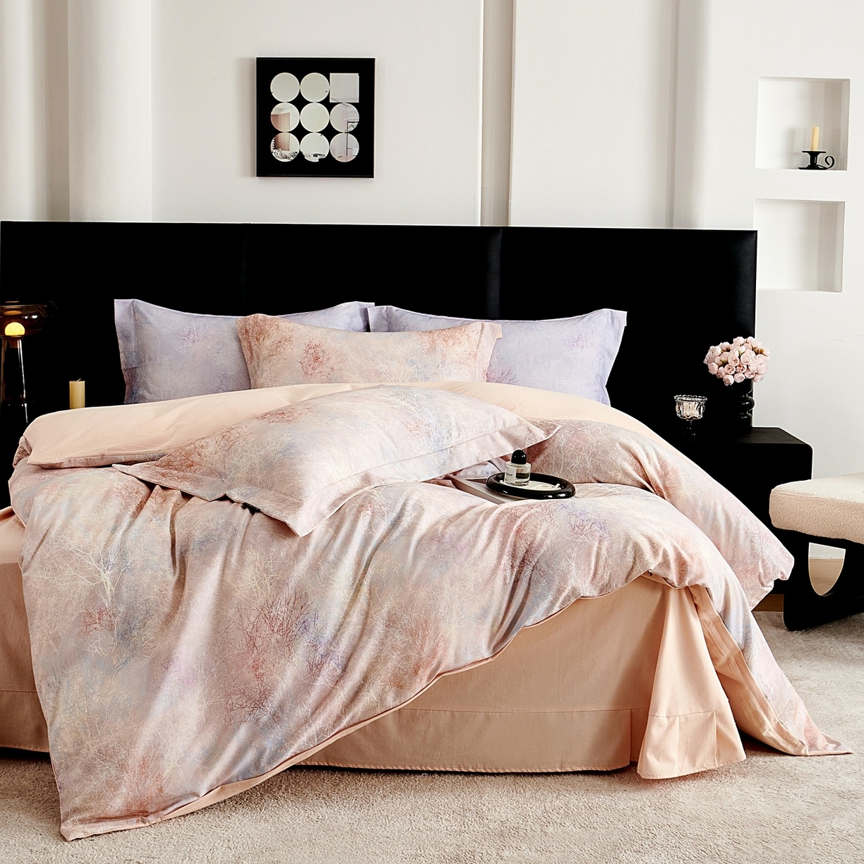 91家纺网 家纺一手货源 找家纺 芙绣家纺 2025新款全棉纯棉磨毛内合简单款四件套 墨花茶-桔