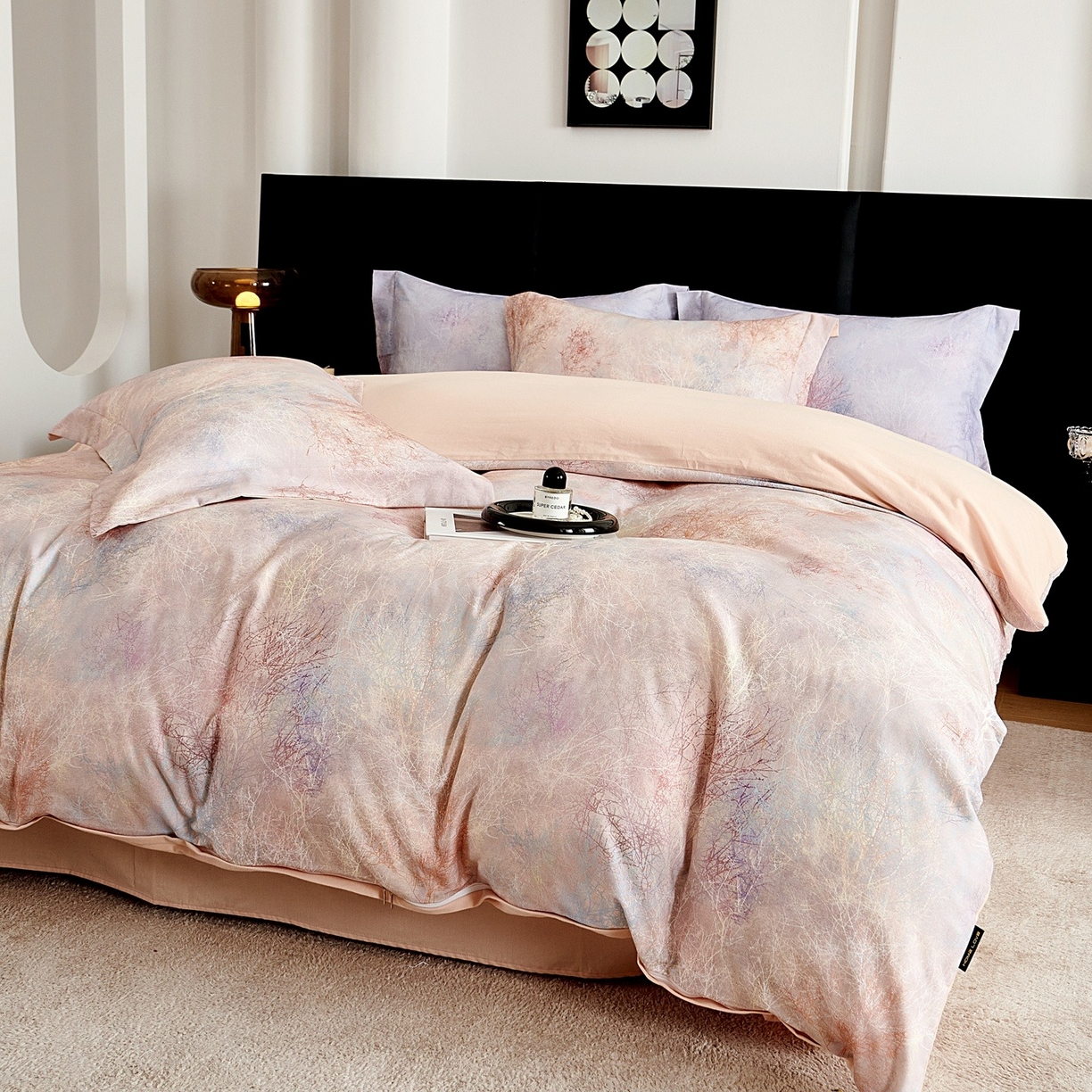 91家纺网 家纺一手货源 找家纺 芙绣家纺 2025新款全棉纯棉磨毛内合简单款四件套 墨花茶-桔