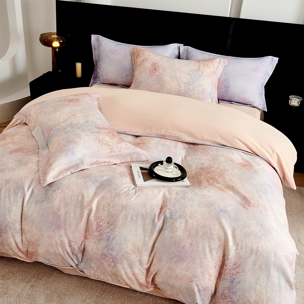 91家纺网 家纺一手货源 找家纺 芙绣家纺 2025新款全棉纯棉磨毛内合简单款四件套 墨花茶-桔