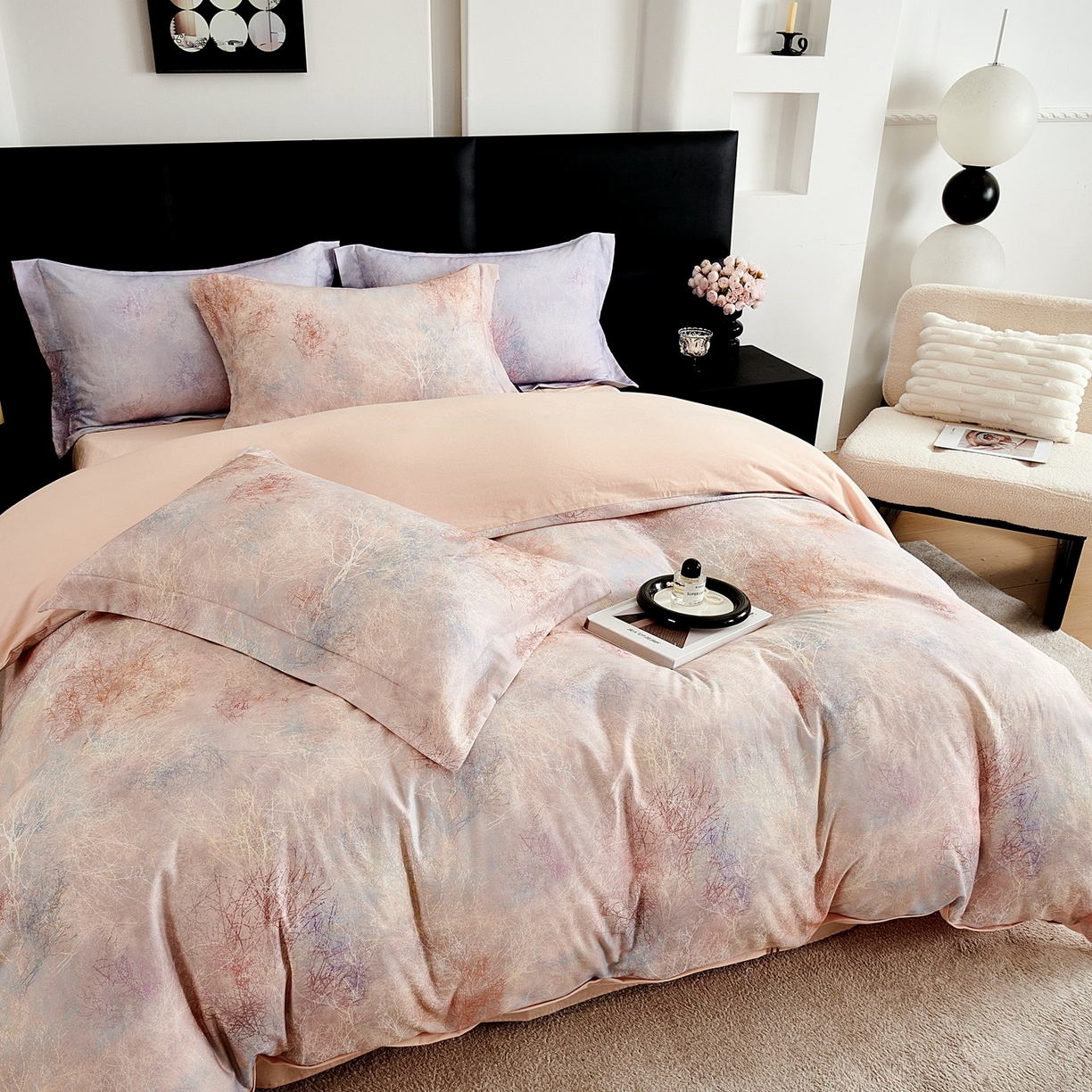 91家纺网 家纺一手货源 找家纺 芙绣家纺 2025新款全棉纯棉磨毛内合简单款四件套 墨花茶-桔