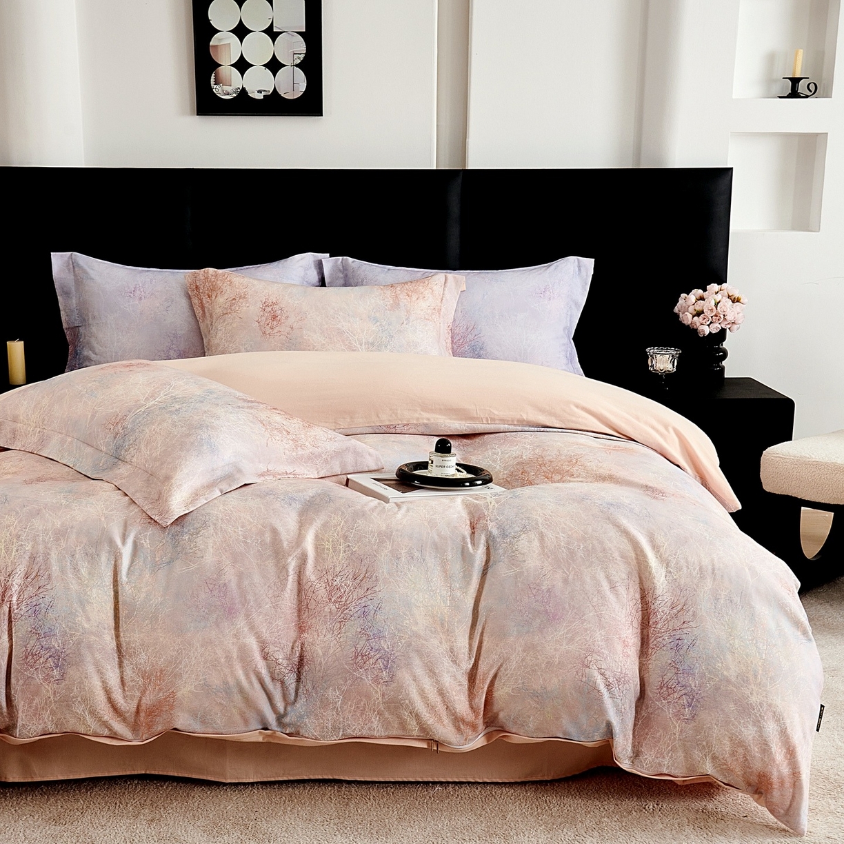 91家纺网 家纺一手货源 找家纺 芙绣家纺 2025新款全棉纯棉磨毛内合简单款四件套 墨花茶-桔