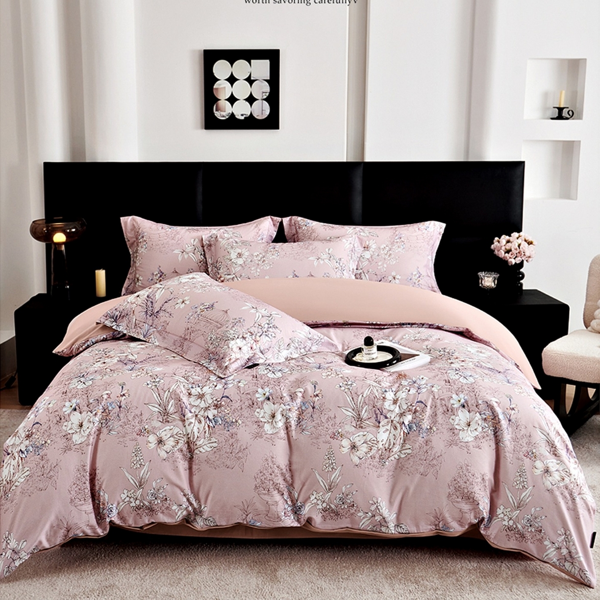 91家纺网 家纺一手货源 找家纺 芙绣家纺 2025新款全棉纯棉磨毛内合简单款四件套 秋辞-粉