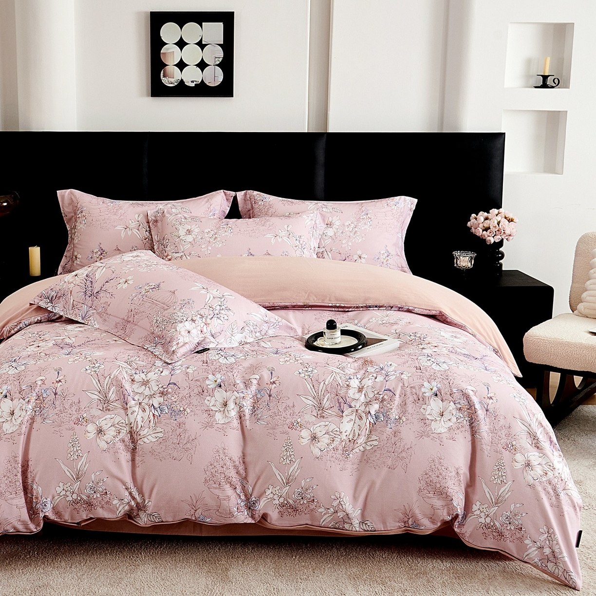 91家纺网 家纺一手货源 找家纺 芙绣家纺 2025新款全棉纯棉磨毛内合简单款四件套 秋辞-粉