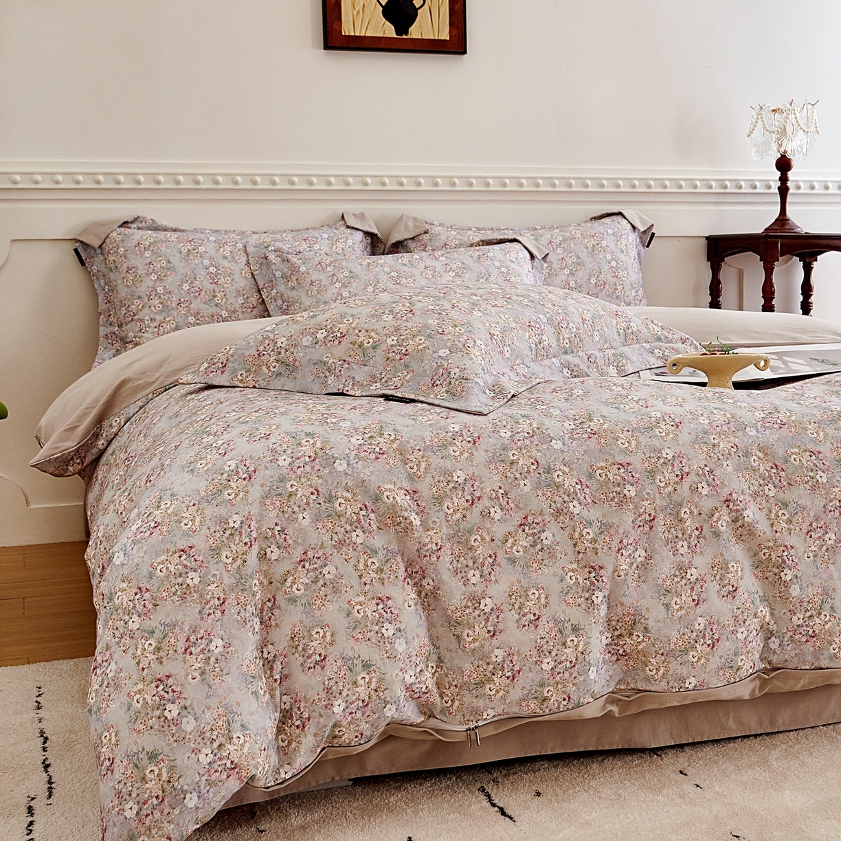 91家纺网 家纺一手货源 找家纺 芙绣家纺 2025新款全棉纯棉磨毛内合简单款四件套 柔梦-灰