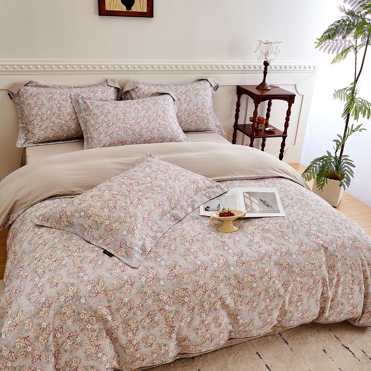 91家纺网 家纺一手货源 找家纺 芙绣家纺 2025新款全棉纯棉磨毛内合简单款四件套 柔梦-灰