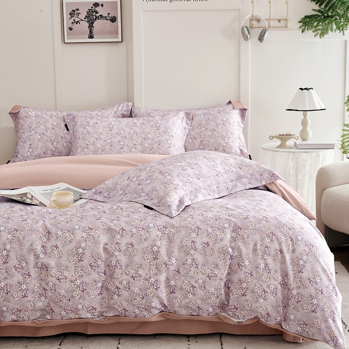 芙绣家纺 2025新款全棉纯棉磨毛内合简单款四件套 柔梦-紫