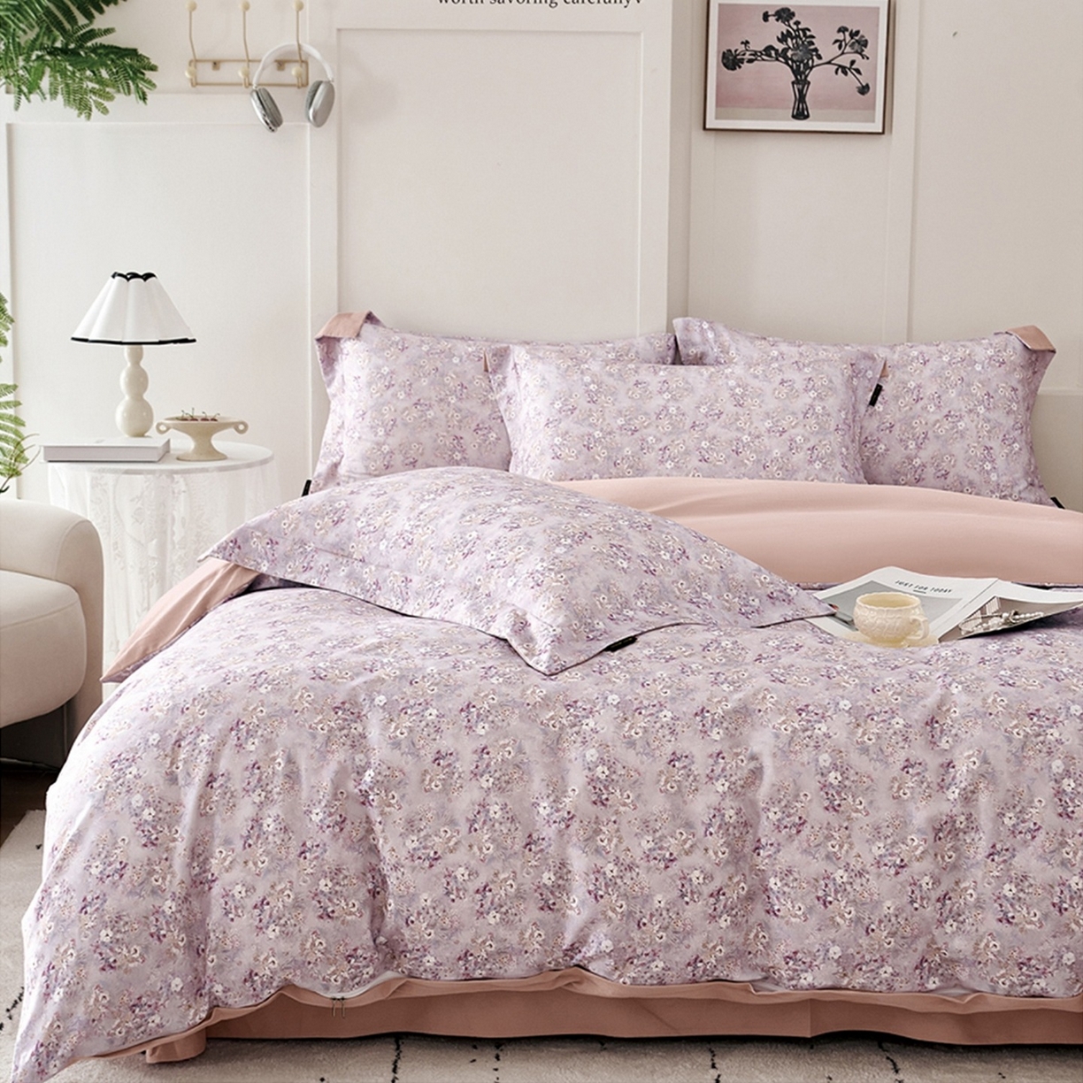 91家纺网 家纺一手货源 找家纺 芙绣家纺 2025新款全棉纯棉磨毛内合简单款四件套 柔梦-紫