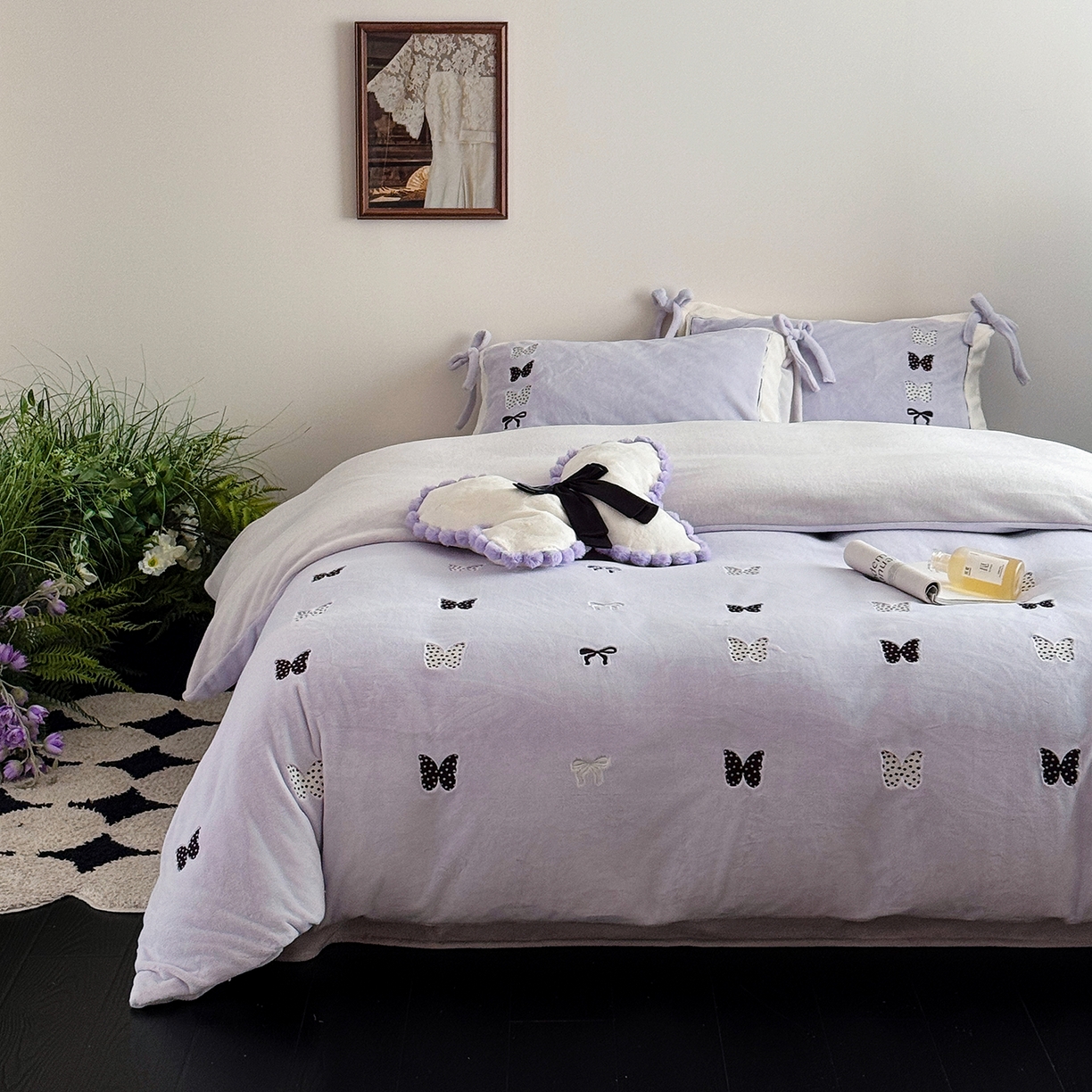 91家纺网 家纺一手货源 找家纺 极简 2025新款牛奶绒刺绣款四件套-蝴蝶花园（标准尺寸会员减20） 蝴蝶花园-紫