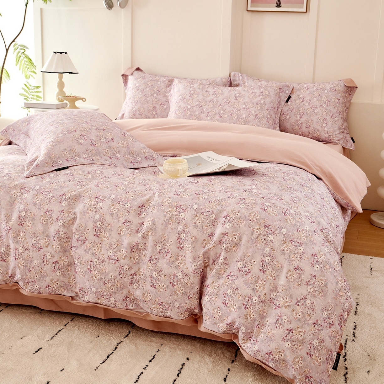 91家纺网 家纺一手货源 找家纺 芙绣家纺 2025新款全棉纯棉磨毛内合简单款四件套 柔梦-紫