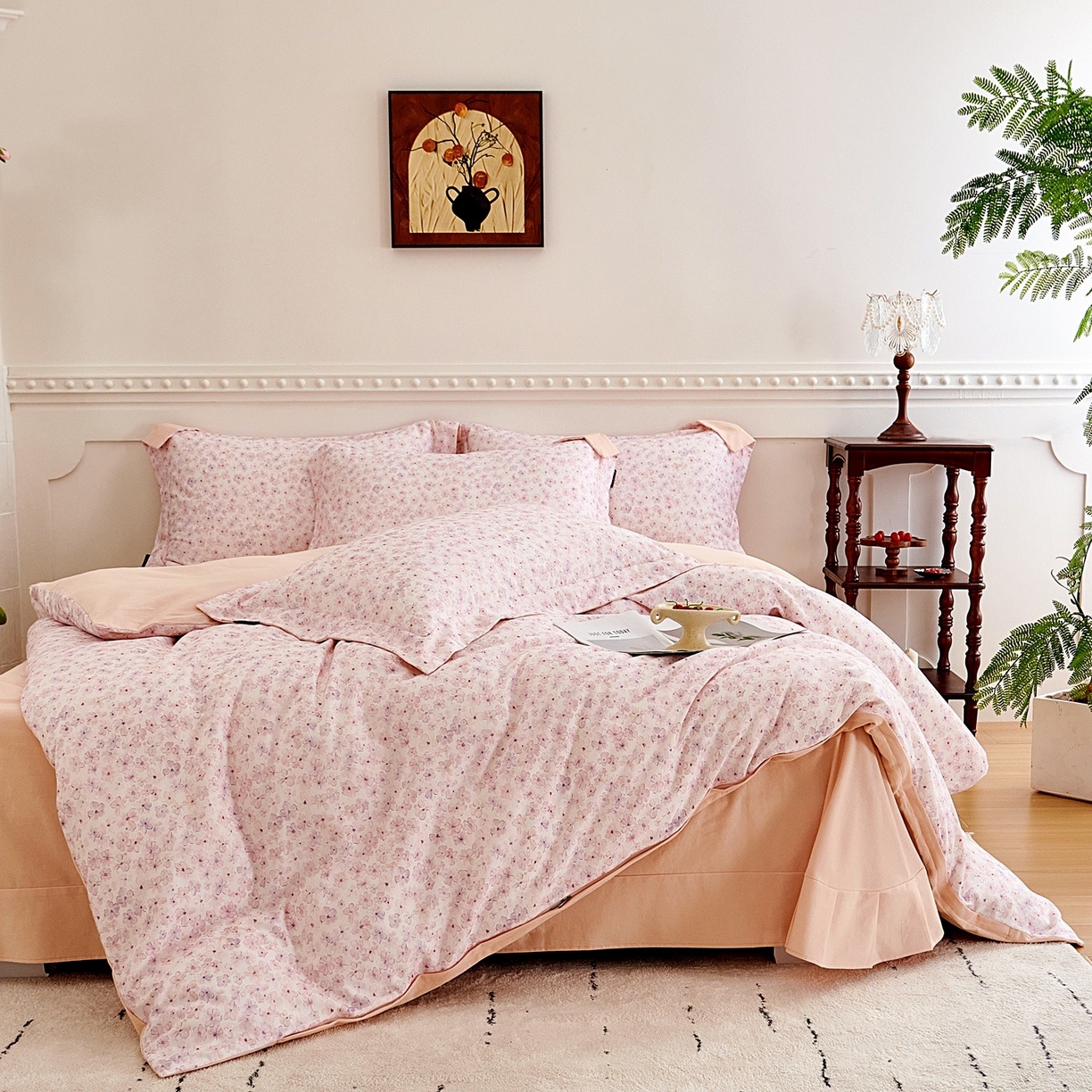 91家纺网 家纺一手货源 找家纺 芙绣家纺 2025新款全棉纯棉磨毛内合简单款四件套 晚棠-粉