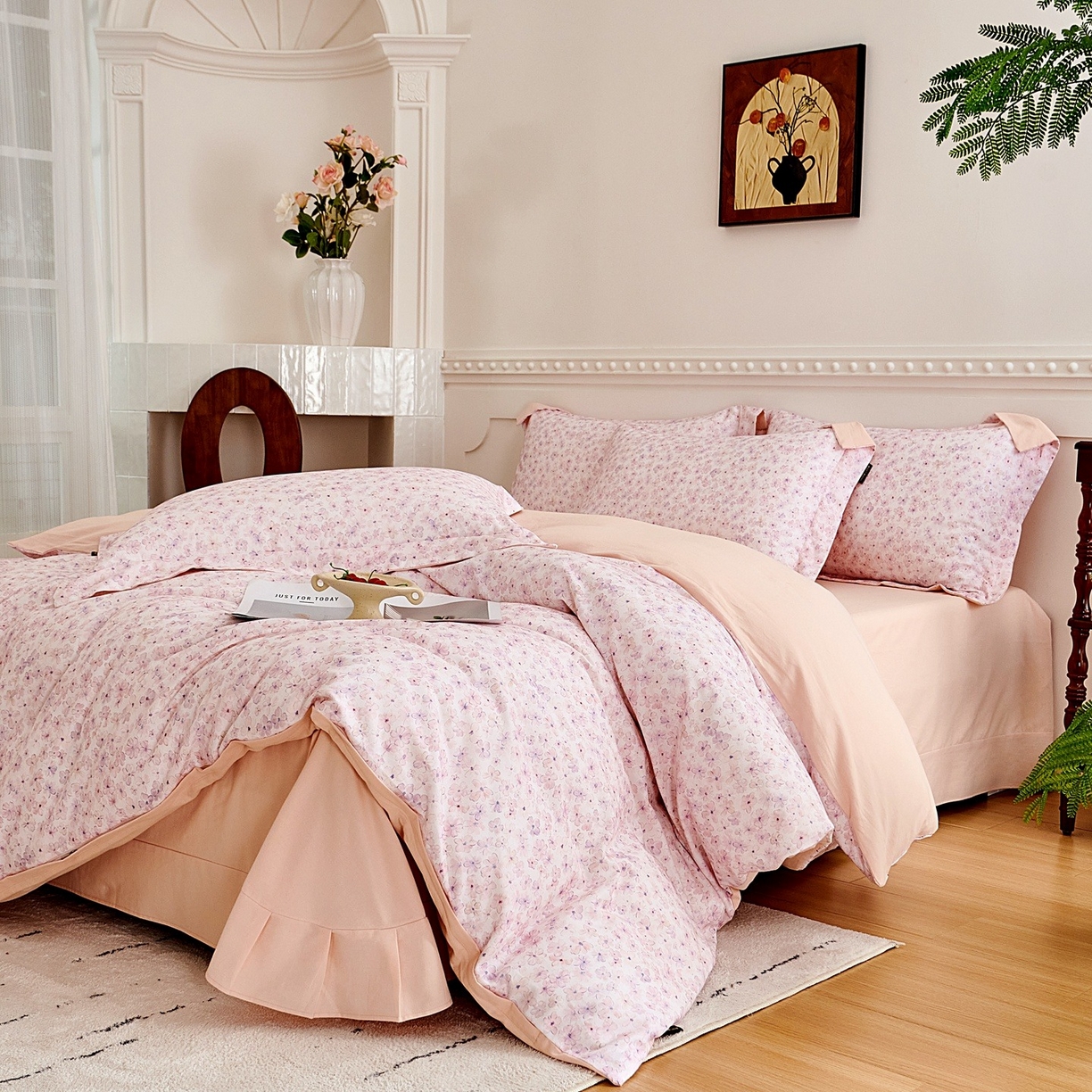 91家纺网 家纺一手货源 找家纺 芙绣家纺 2025新款全棉纯棉磨毛内合简单款四件套 晚棠-粉