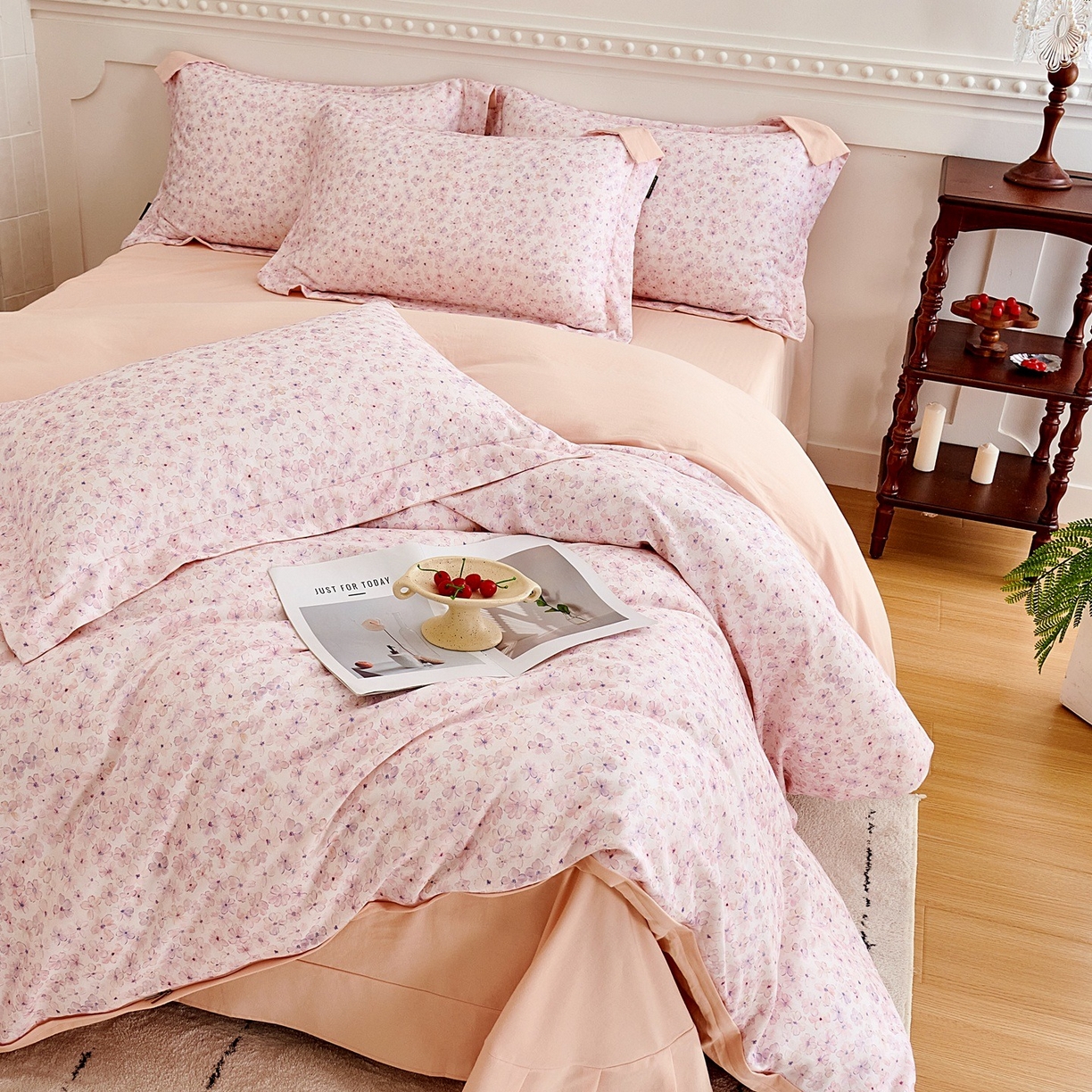 91家纺网 家纺一手货源 找家纺 芙绣家纺 2025新款全棉纯棉磨毛内合简单款四件套 晚棠-粉