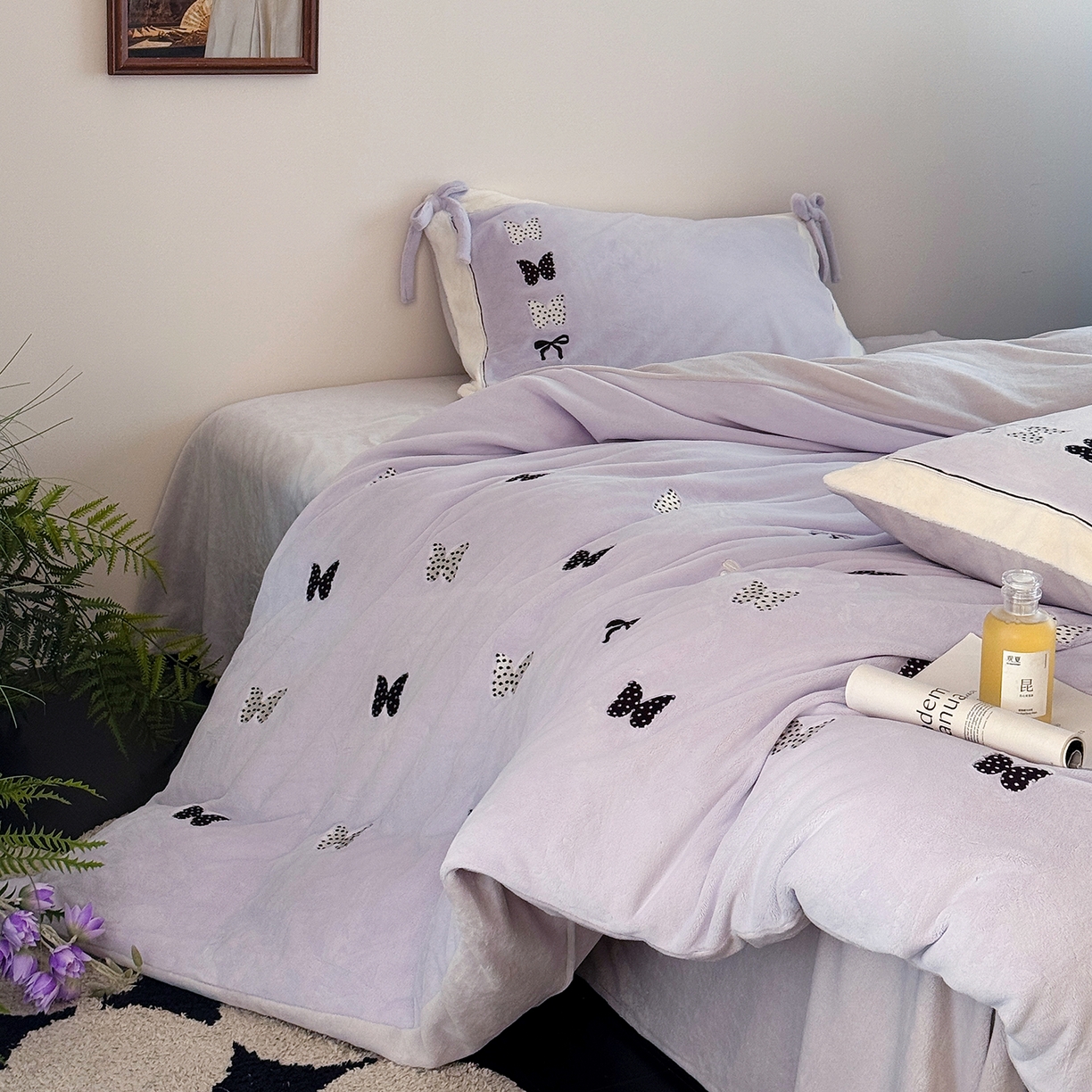 91家纺网 家纺一手货源 找家纺 极简 2025新款牛奶绒刺绣款四件套-蝴蝶花园（标准尺寸会员减20） 蝴蝶花园-紫