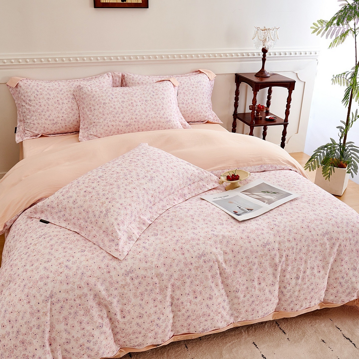 91家纺网 家纺一手货源 找家纺 芙绣家纺 2025新款全棉纯棉磨毛内合简单款四件套 晚棠-粉