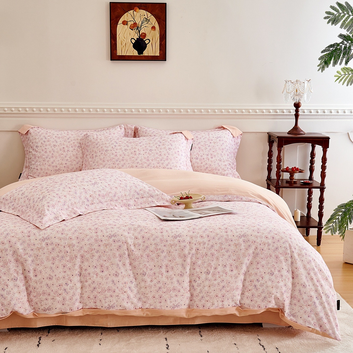 91家纺网 家纺一手货源 找家纺 芙绣家纺 2025新款全棉纯棉磨毛内合简单款四件套 晚棠-粉